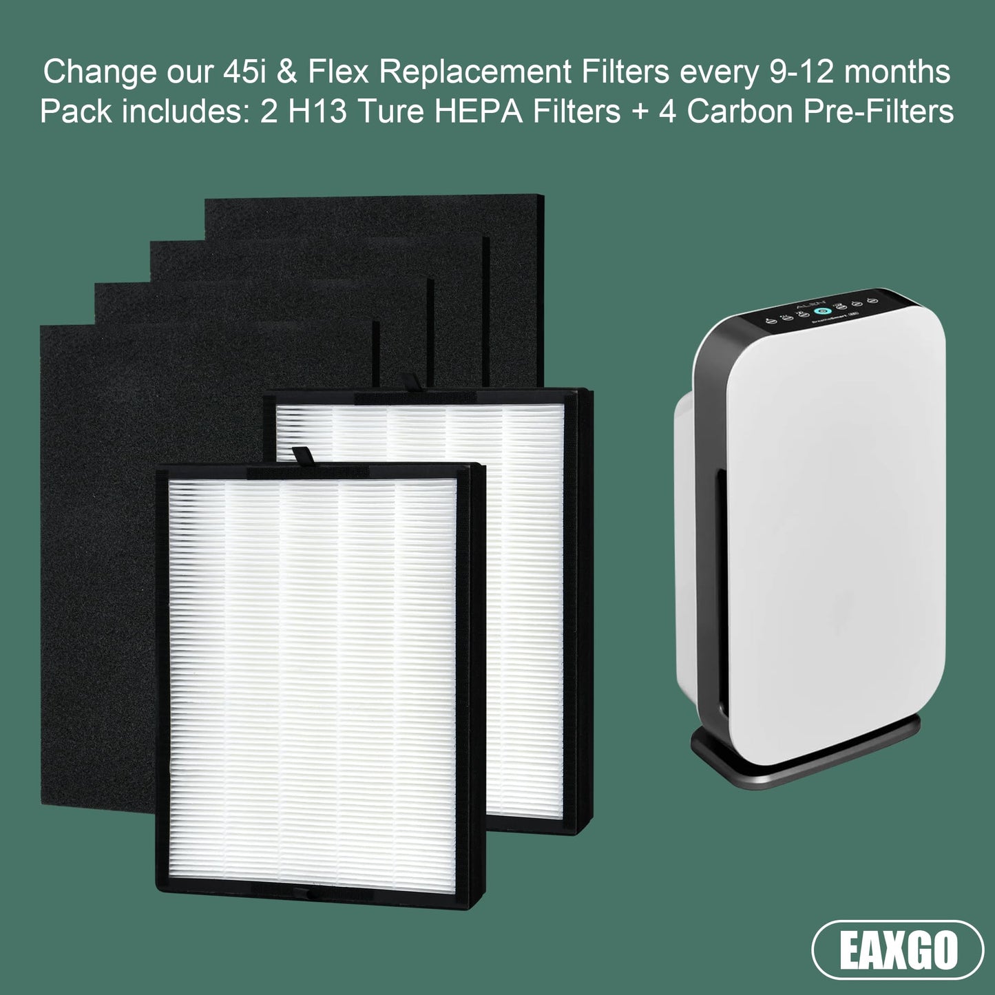 EAXGO 45i Replacement Filter Compatible with Alen BreatheSmart 45i & Flex Bh400 Air Purifier, 2 H13 True HEPA Filter with 4 Carbon Pre-Filters,Part #B4-Pure/FL40, 2 Pack