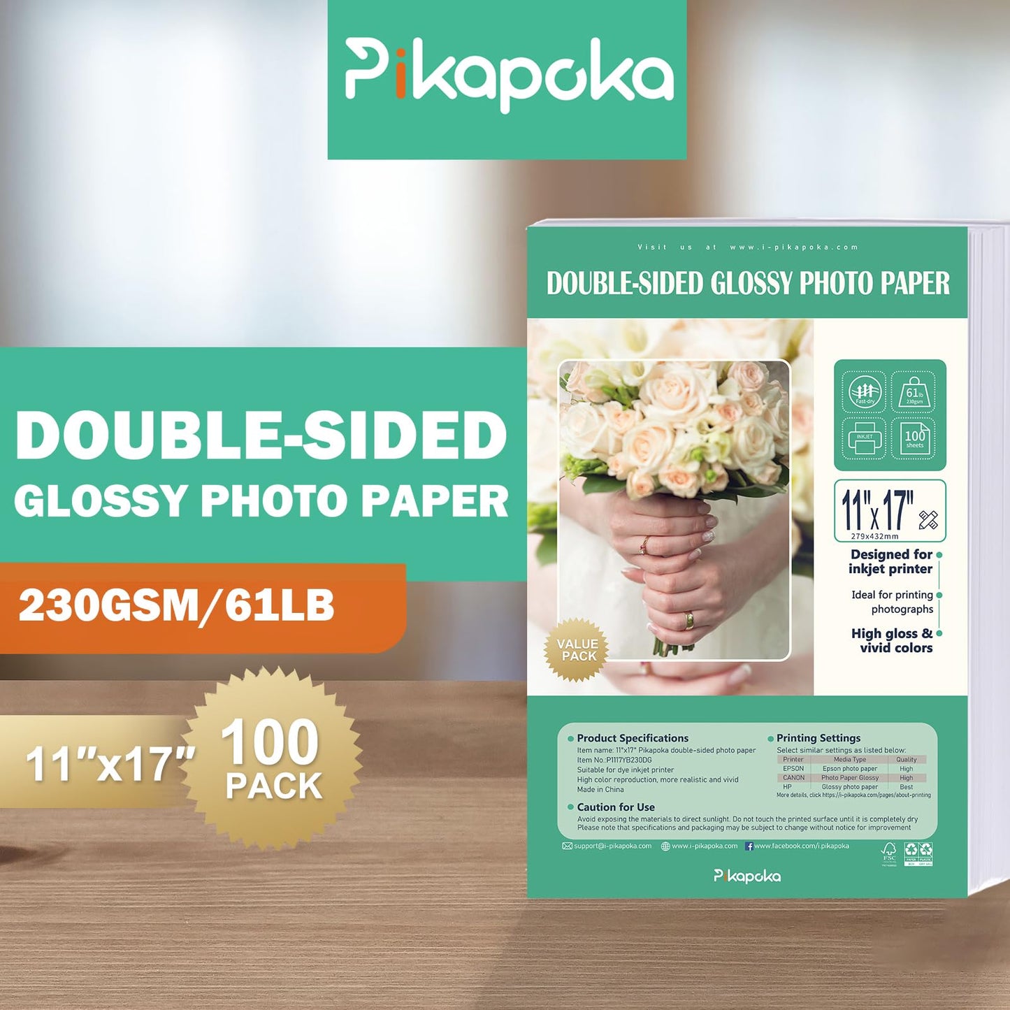 Pikapoka Double Sided Glossy Photo Paper 11x17, Thick Glossy Paper for Cardstock, 100 Sheets 61lb for Inkjet Printer