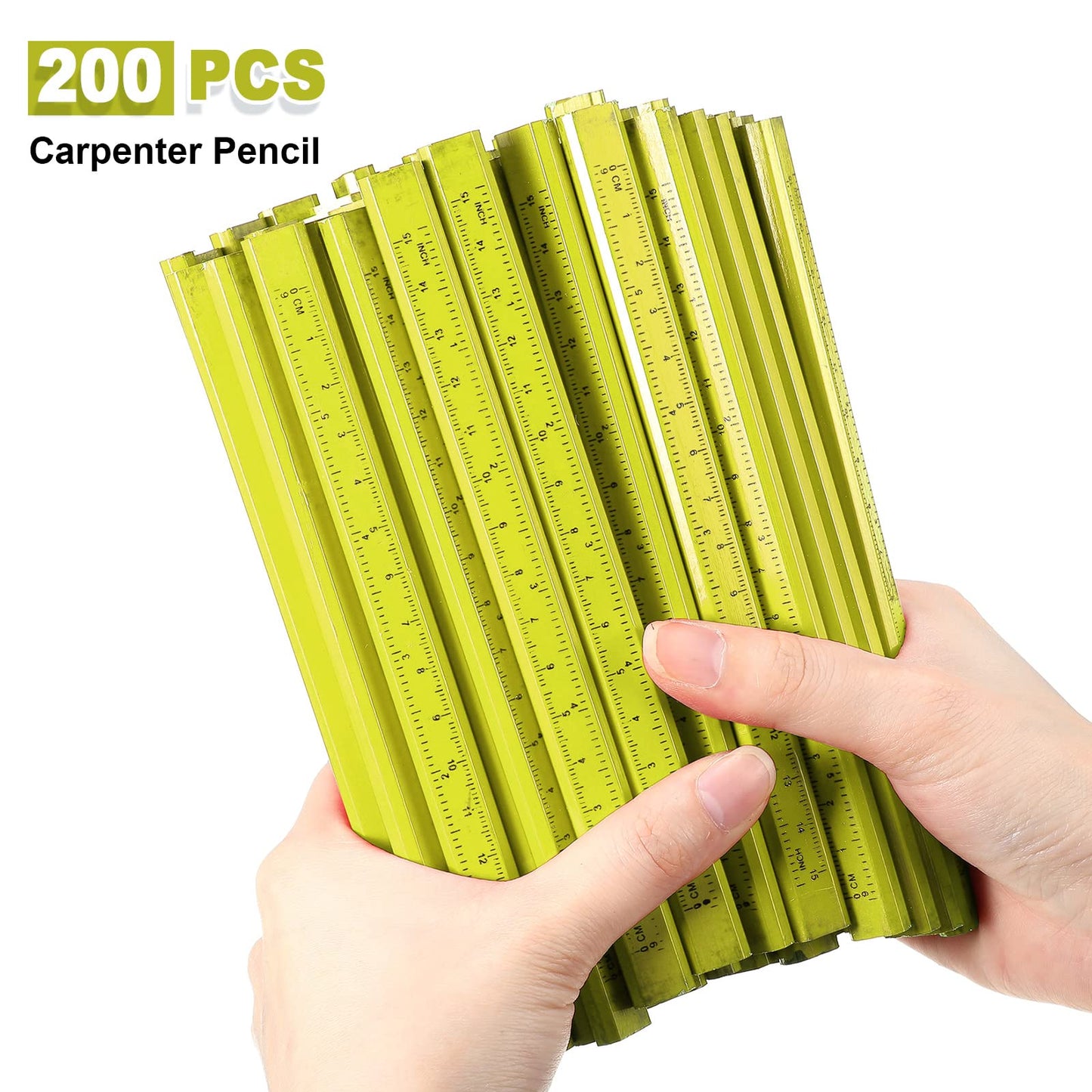 Honoson 200 Pcs Flat Construction Pencils with Printed Ruler Wood Graphite 2 Pcs Carpenter Pencil Sharpener for Woodworking Marking Tool(Yellow)