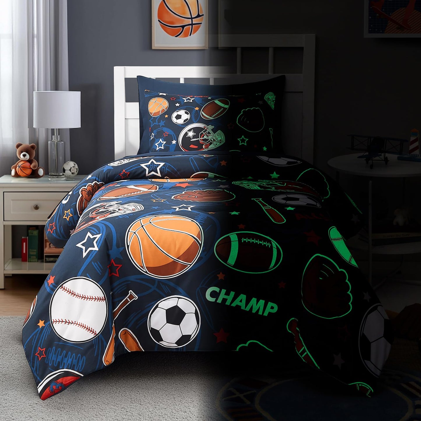 Wink Deer Twin Comforter Set for Boys-5 Pieces Sports Ball Games Glow in the Dark Twin Bedding Sets for Kids, Ultra Soft Bed in A Bag with Sheets