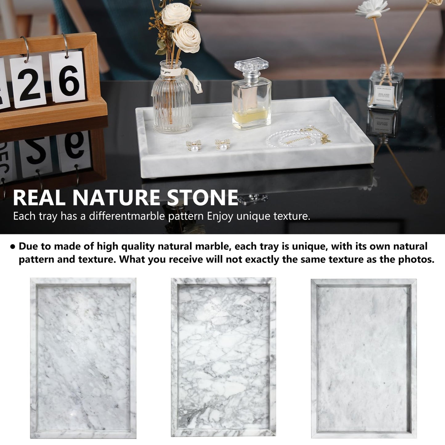 Zilukar Real Natural Marble Tray for Bathroom, Vanity, Kitchen and Desktop, Rectangle Genuine Marble Stone Tray for Jewelry, Cosmetics, Candles, Lotion, Perfume and Home Decor