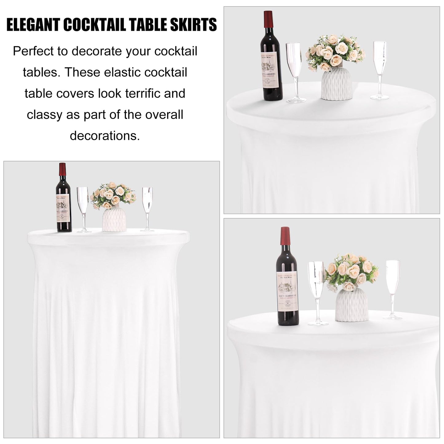 JALANCY 4 Packs 32 x 43 Inch Spandex Round Cocktail Table Skirts Stretch Cocktail Table Cover Fitted for High Top Tables for Wedding Bar Party Banquet (White)