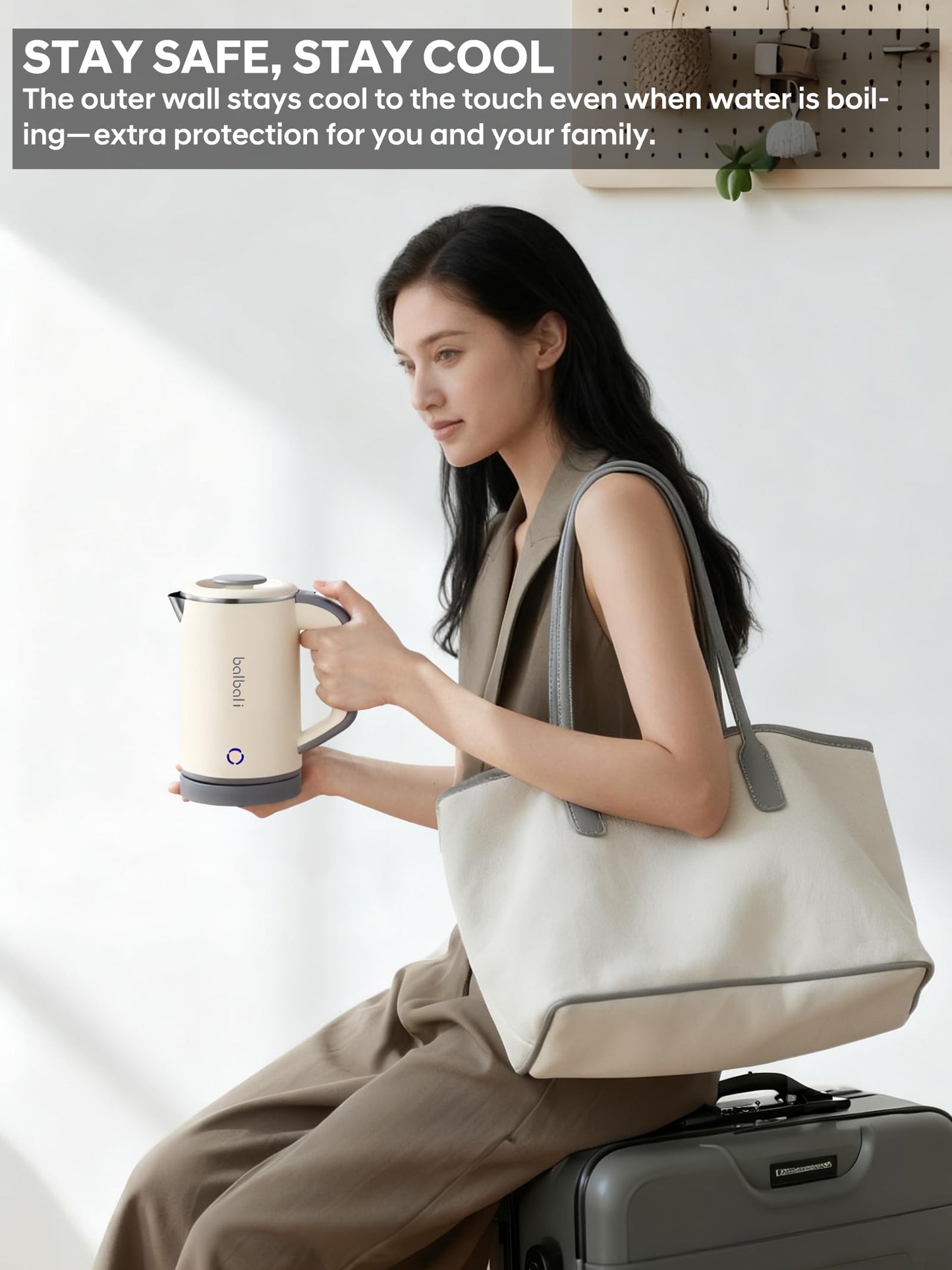 Portable Electric Kettle, 24oz Mini Travel Kettle for Camping & Office, 600W Fast Boiling, Compact Personal Small Kettle with Auto Shut-Off, Stainless Steel Interior, Beige