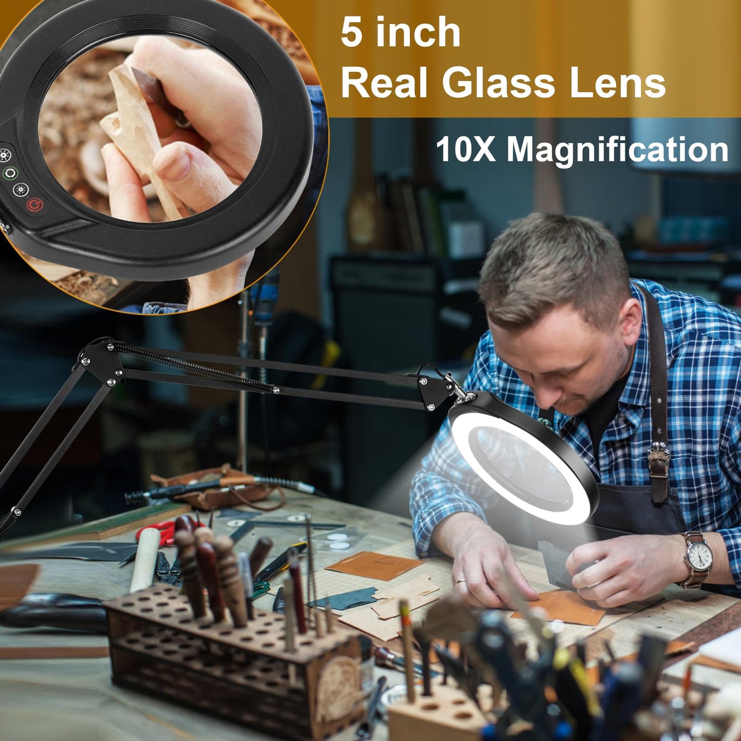 VEEMAGNI 5 Inch Large Real Glass Magnifying Glass with Light and Stand, 5 Color Modes Stepless Dimmable, 2*16 Inch Swivel Arm LED Clamp Desk Lamp, Hands Free 10X Lighted Magnifier for Close Work Craft