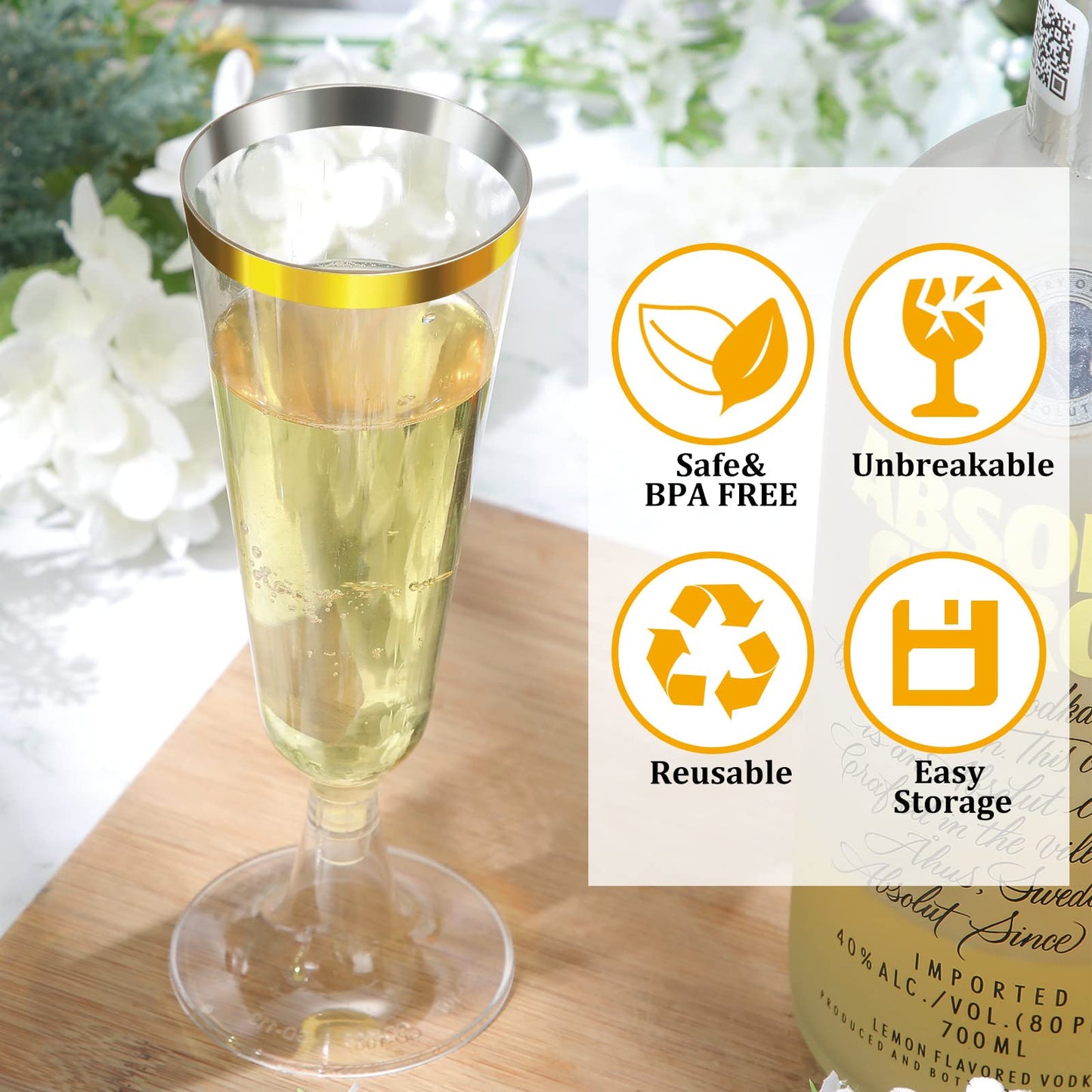 CHENGU 150 Pcs Champagne Flutes 5 Oz Plastic Disposable Champagne Flutes Crystal Wine Glasses Reusable Plastic Cocktail Cups for Wedding Celebration Toasting Drinking (Gold,Classic)