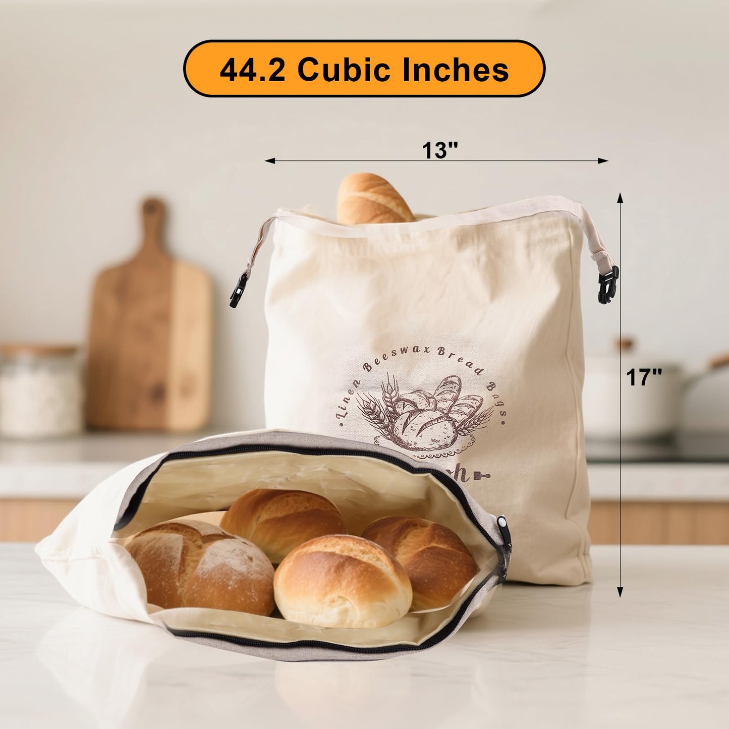 Oerdoh Bread Bags for Homemade Bread - 2 Packs XL Reusable Organic Beeswax Linen Cotton Sourdough Bag, Homesteading Essentials Sourdough Bags with Sealing Zip to Keep Fresh