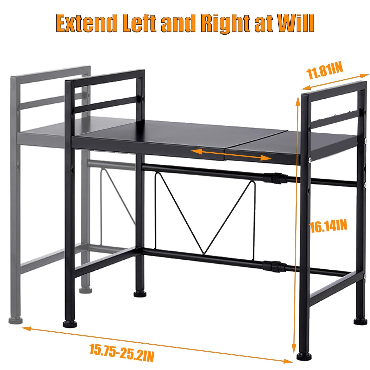Extendable Microwave Oven Stand, Adjustable Microwave rack Toaster Shelf, Heavy Duty Rack 2 Tier Kitchen Counter Top Organizer with 6 Hooks for Kitchen