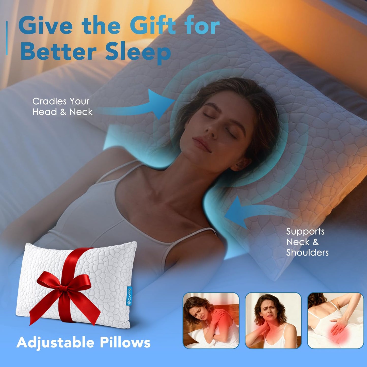 QUTOOL Cooling Pillow for Sleeping, CertiPUR-US Shredded Memory Foam Standard Pillow Set of 1, Cool Pillow for Hot Sleepers Adjustable Firm Pillow for Side,Back,Stomach Sleepers Soft Yet Support,White