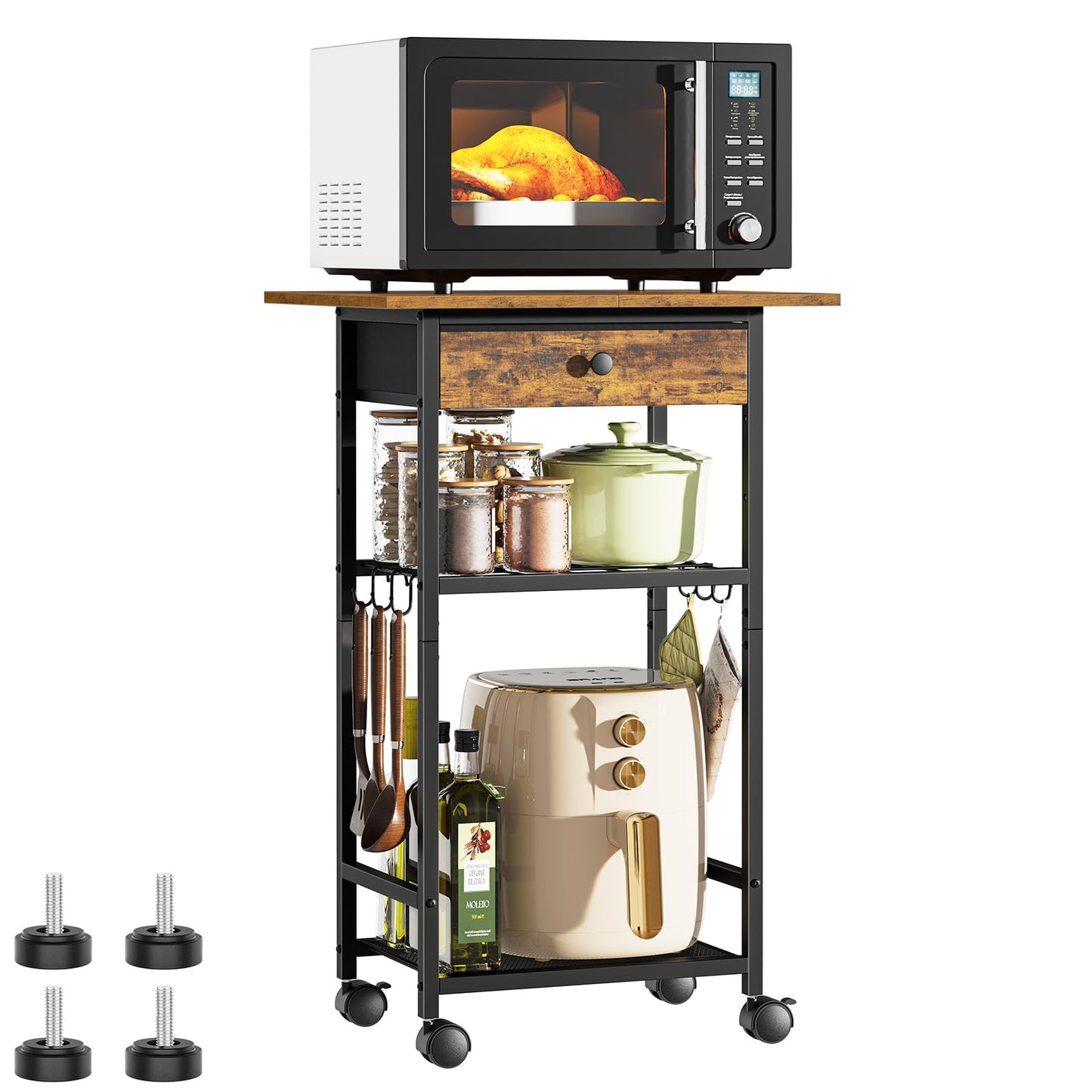 Draelibor Microwave Cart, 4-Tier Microwave Stand with Adjustable Shelf, Kitchen Storage Cart on Wheels, Coffee Bar Cart Shelf for Living Room, Kitchen Island, Office, Balcony, Rustic Brown