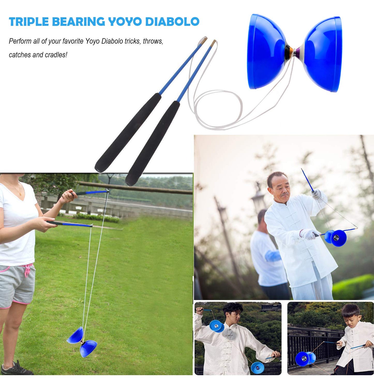 MAGICYOYO Pro Triple Bearing Diabolo Medium Size 5” Blue Chinese Yoyo Toy with 2 Pair Carbon Sticks+ 2 Extra Strings +1 Net Bag, High Performance Chinese Yoyo Diabolo Skill Toy