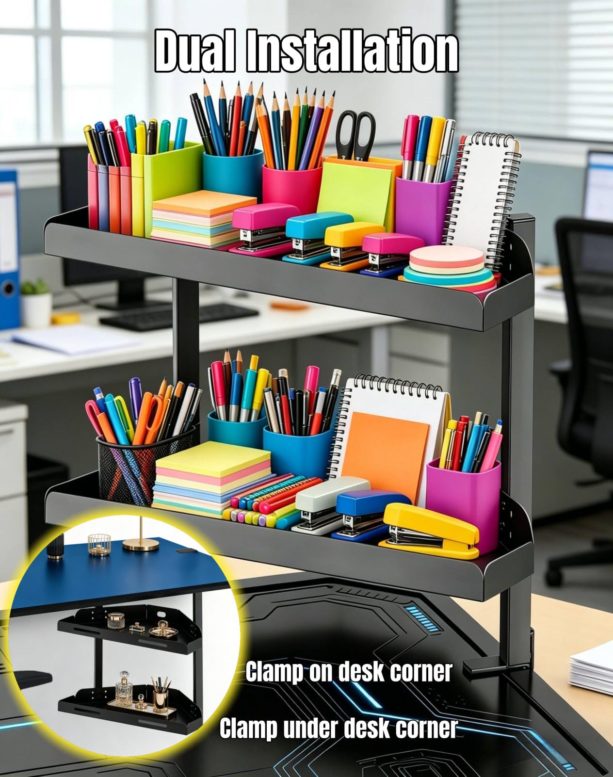 Yuxh Clamp Desk Corner Shelf 16 inch Cilp Under Table Corner Organizer, Black, M