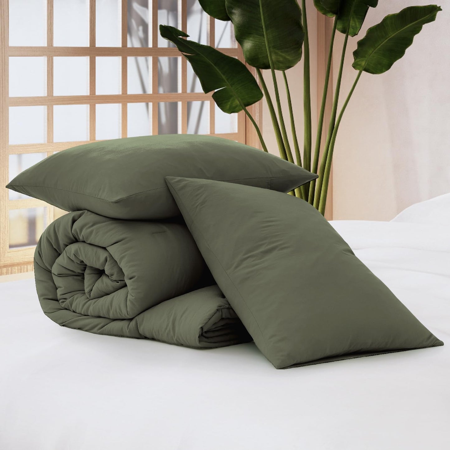 WRENSONGE Queen Comforter Set - 3 Pieces Prewashed Olive Green Comforter Soft Lightweight for All Seasons,Down Alternative Comforters Queen Size with 2 Pillow Shams