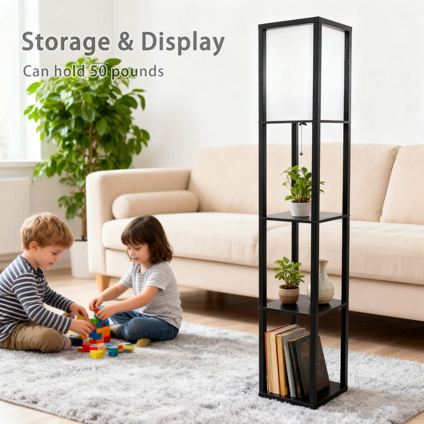 MITELSON Floor Lamp with Shelves, Modern Square Shelf Lamp for Living Room, Corner Standing Lamp with Shelves for Bedroom, Office, Display Shelves with Light, Home Decor