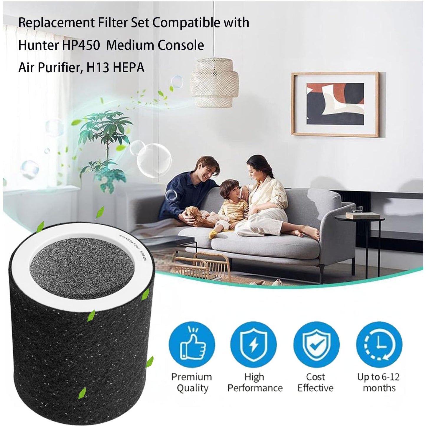 HP450 Filter Replacement For Hunter HP450UV / H-HF450-VP Cylindrical Tower Air Purifie, 2 H13 True H-EPA Filter + 4 x Activated carbon, used for Kitchen,Living Room,Bedroom,Office