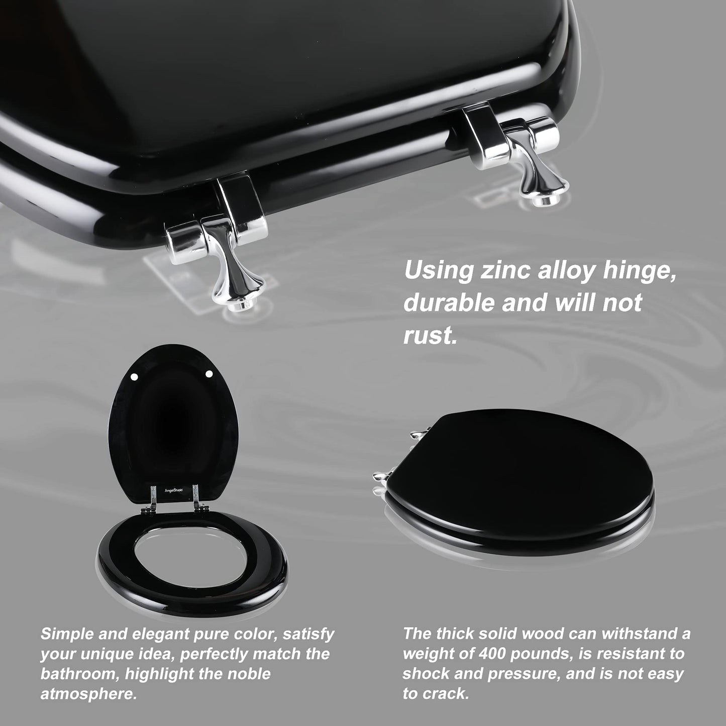 Black Elongated Toilet Seat Natural Wood Toilet Seat with Zinc Alloy Hinges, Easy to Install also Easy to Clean, Scratch Resistant Toilet Seat by Angol Shiold (Elongated, Black)