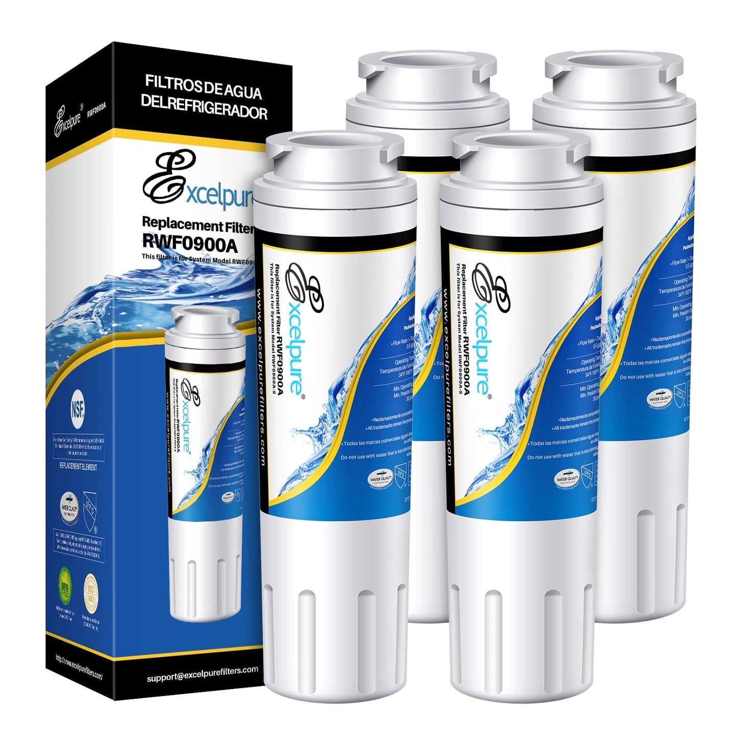 EXCELPURE UKF8001 Replacement for Whirlpool FILTER 4, EDR4RXD1, 4396395, WRX735SDBM00, RWF0900A, EFF-6007A, MFI2568AES, MFI2569VEM, RFC0900A, WF295, PURICLEAN II, Refrigerator Water Filter, 4PACK