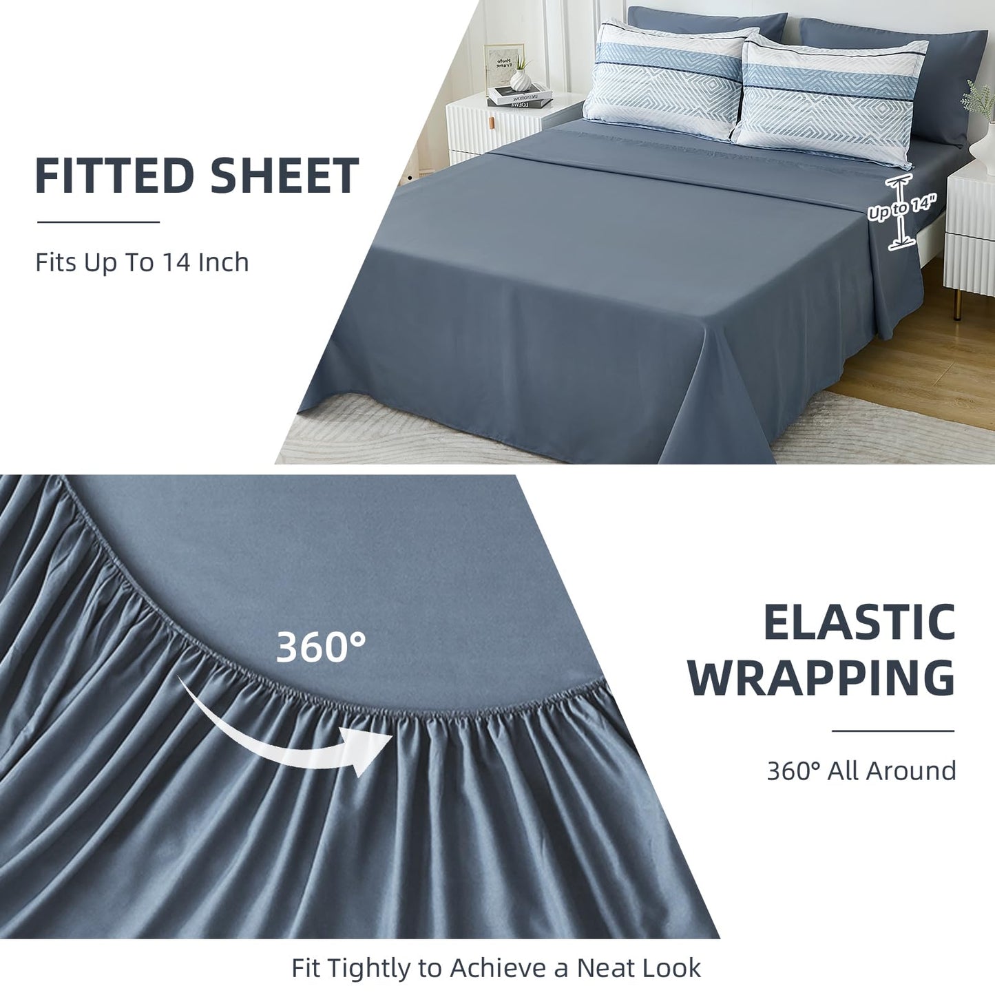 Drucon Comforter Set Queen Size 7 Piece Bed in a Bag Boho Blue Striped Bedding Set Soft Microfiber Comforter and Sheet Set for All Season (Queen, 90"x90")