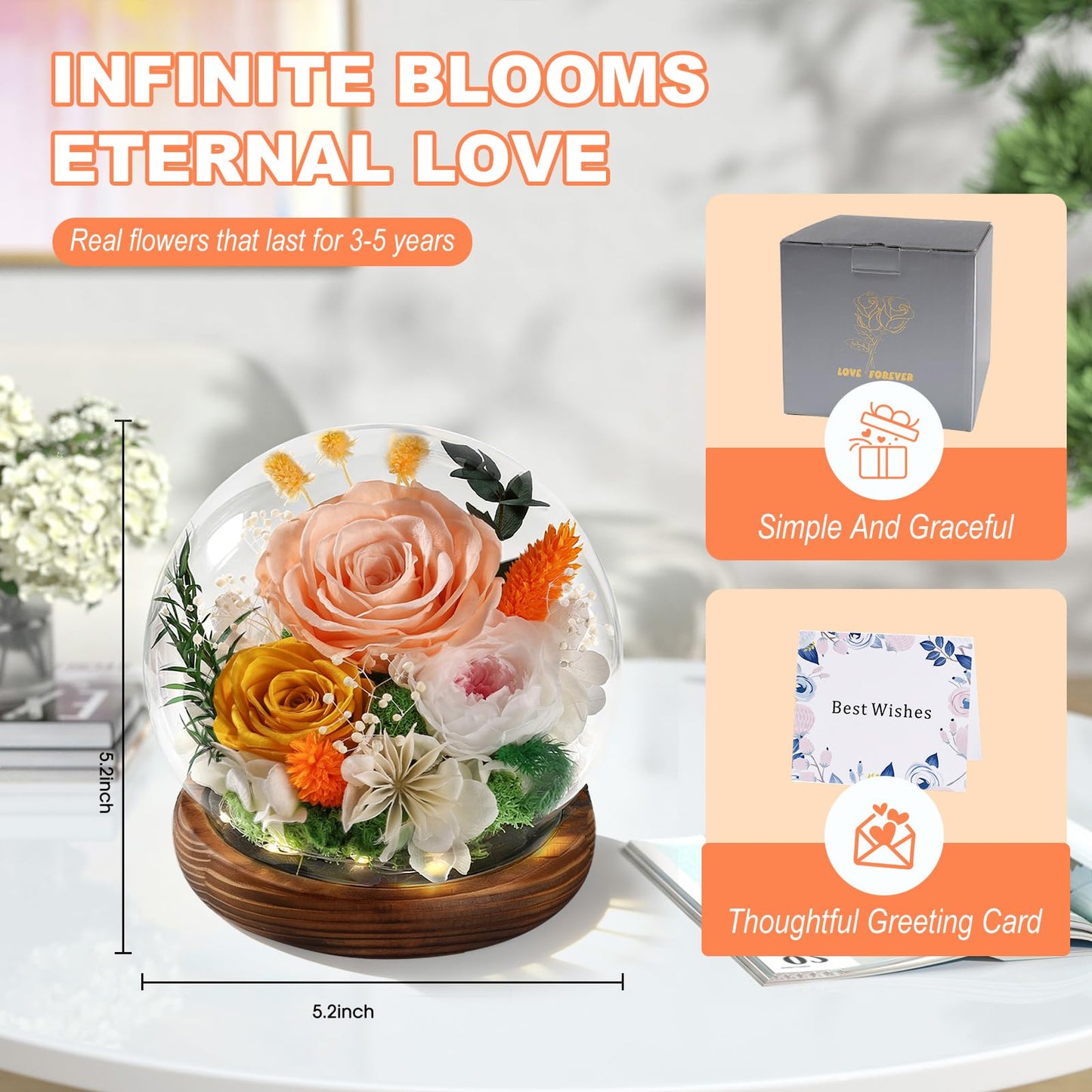 FIACO Gifts for Mom Flowers for Delivery Birthday Gifts for Women Grandma Forever Preserved Eternal Rose in Glass Dome Mother Days Valentines Anniversary for Girlfriend Wife Her, Champagne