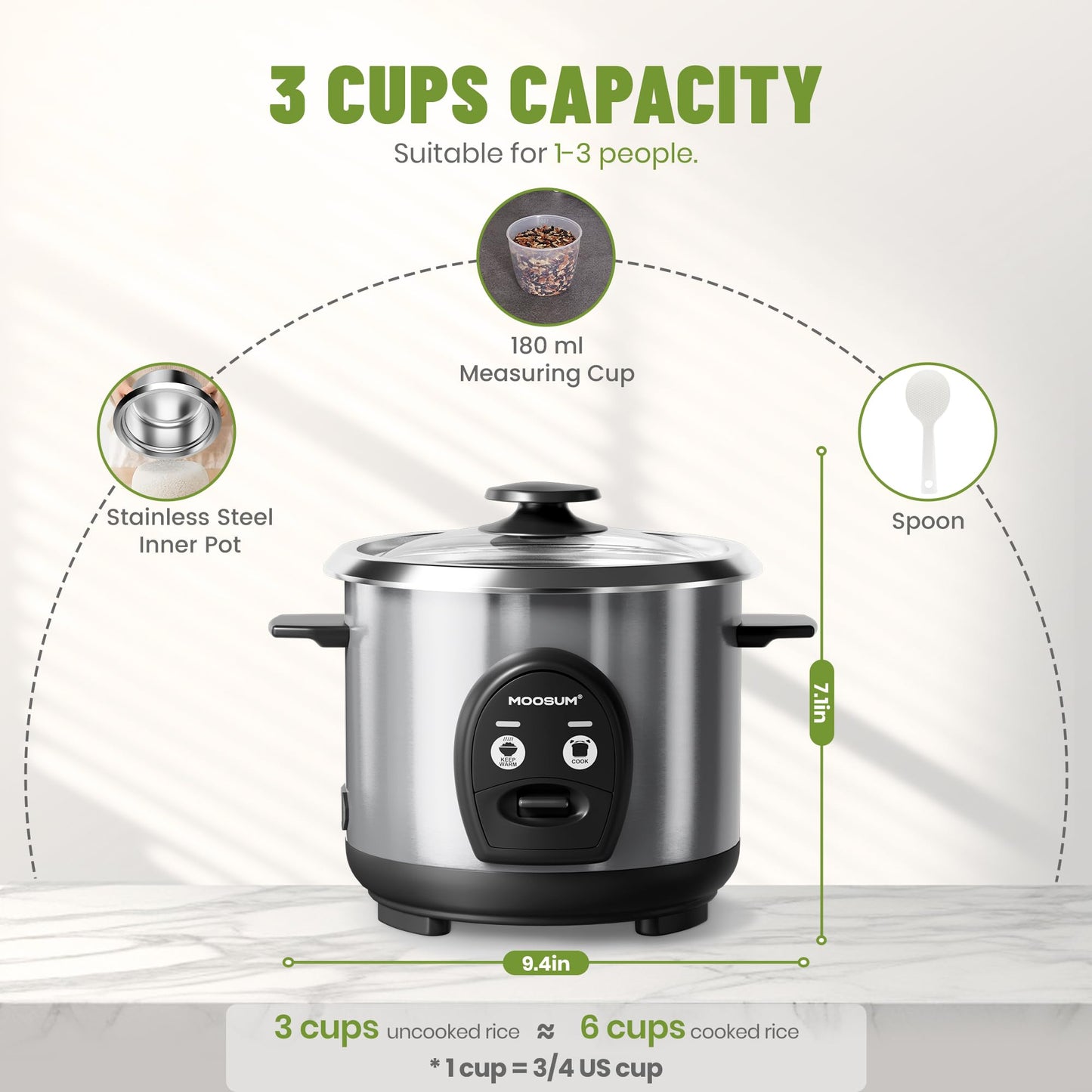 MOOSUM 3-Cup Uncooked Rice Cooker Small, Stainless Steel Non-Toxic Inner Pot, One-Touch Multifunction for Rice/Sauté/Yogurt, Dishwasher Safe, 1-3 People Size, Silver
