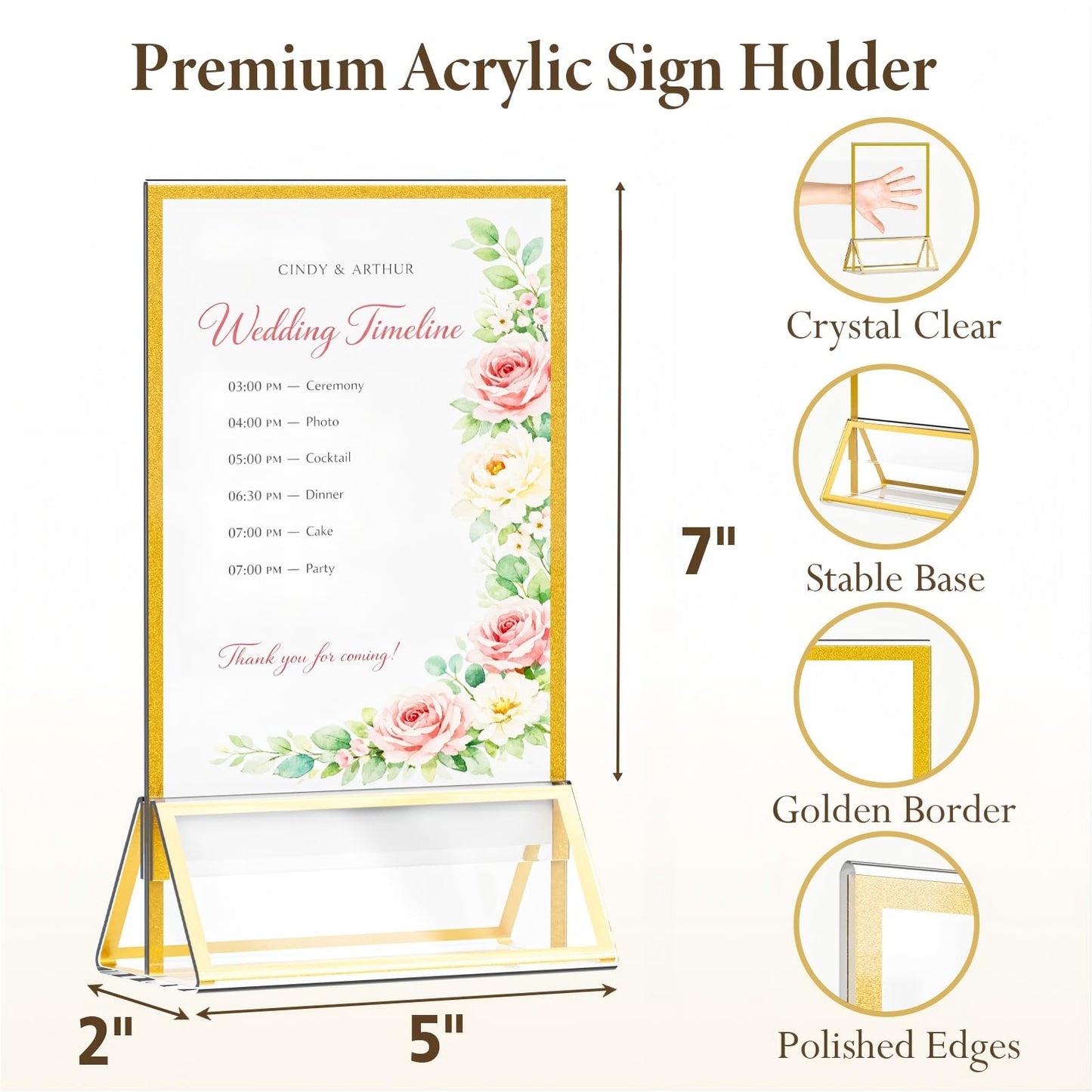 OUKMIC 5"x7" Acrylic Sign Holder with Gold Frame, Double Sided Vertical Display Stand, Clear Tabletop Sign Holders, Menu Flyer Picture Paper Table Numbers Stand for Wedding, Party, Restaurant-12 Pack