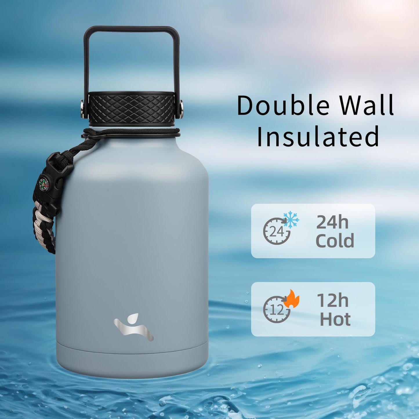 Konokyo Insulated Water Bottle with Straw,50 oz 3 Lids Water Jug with Carrying Bag,Paracord Handle,Double Wall Vacuum Stainless Steel Metal Flask,Storm Blue