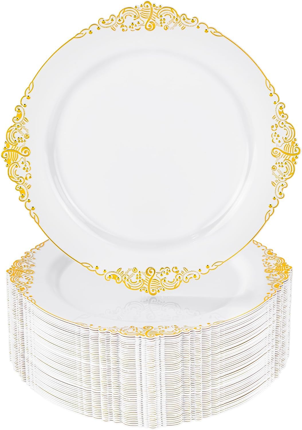 Nervure 100Pcs White and Gold Plastic Plates - 10.25Inch Gold Disposable Plates - Heavyweight Dinner Plate for Wedding & Party