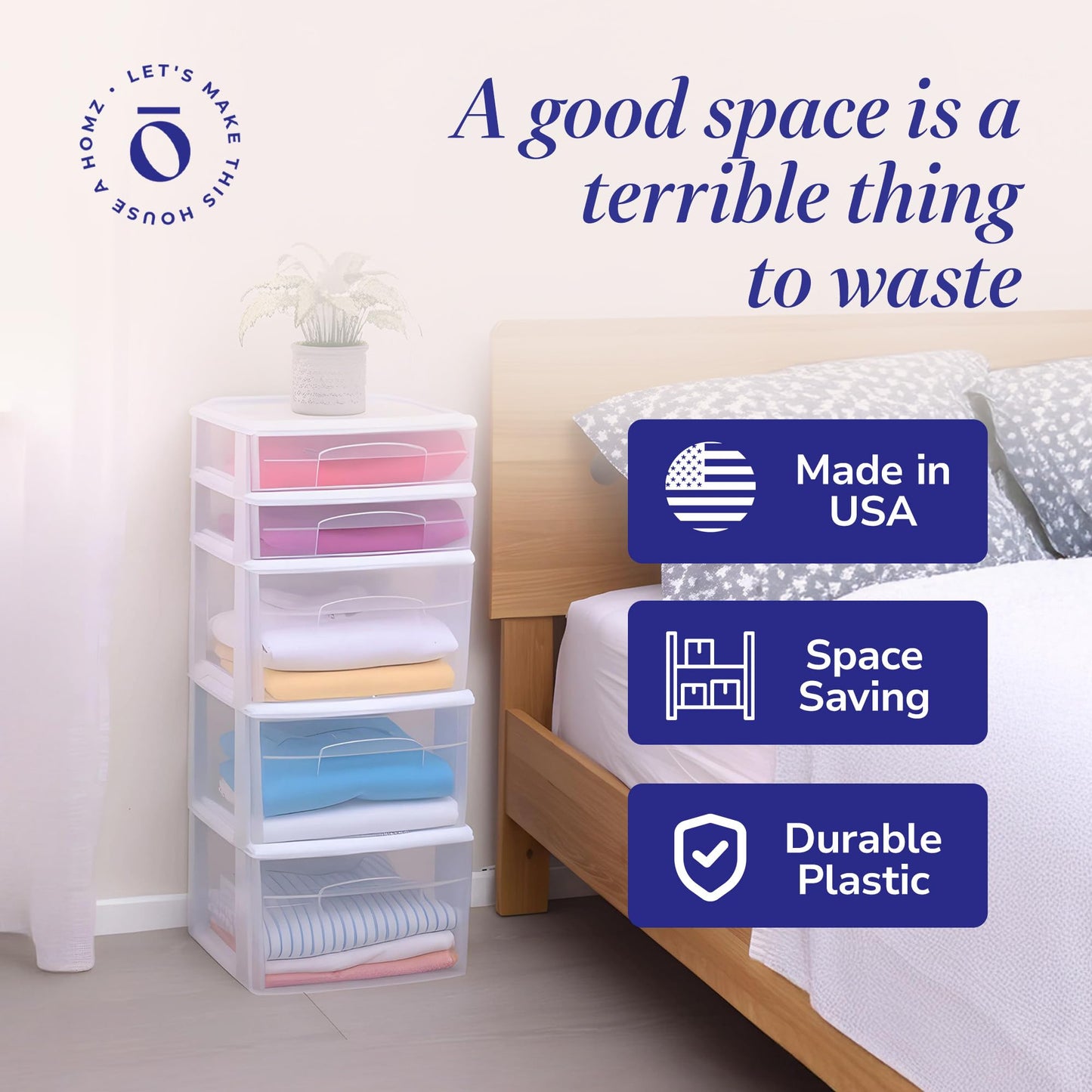 HOMZ 5-Drawer Storage Cart, Clear Plastic Drawers, 14.25" Wide Medium, White Frame - Organizing Drawer Containers for Home, Bathroom, Office, and Classroom