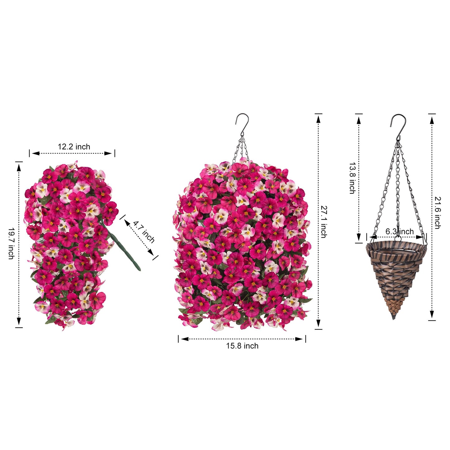 HyeFlora 4pcs Artificial Flowers for Outdoors Fake Pansy with Hanging Basket UV Resistant Silk Spring Faux Flowers for Outside Front Door Porch Yard (Mix Rose)