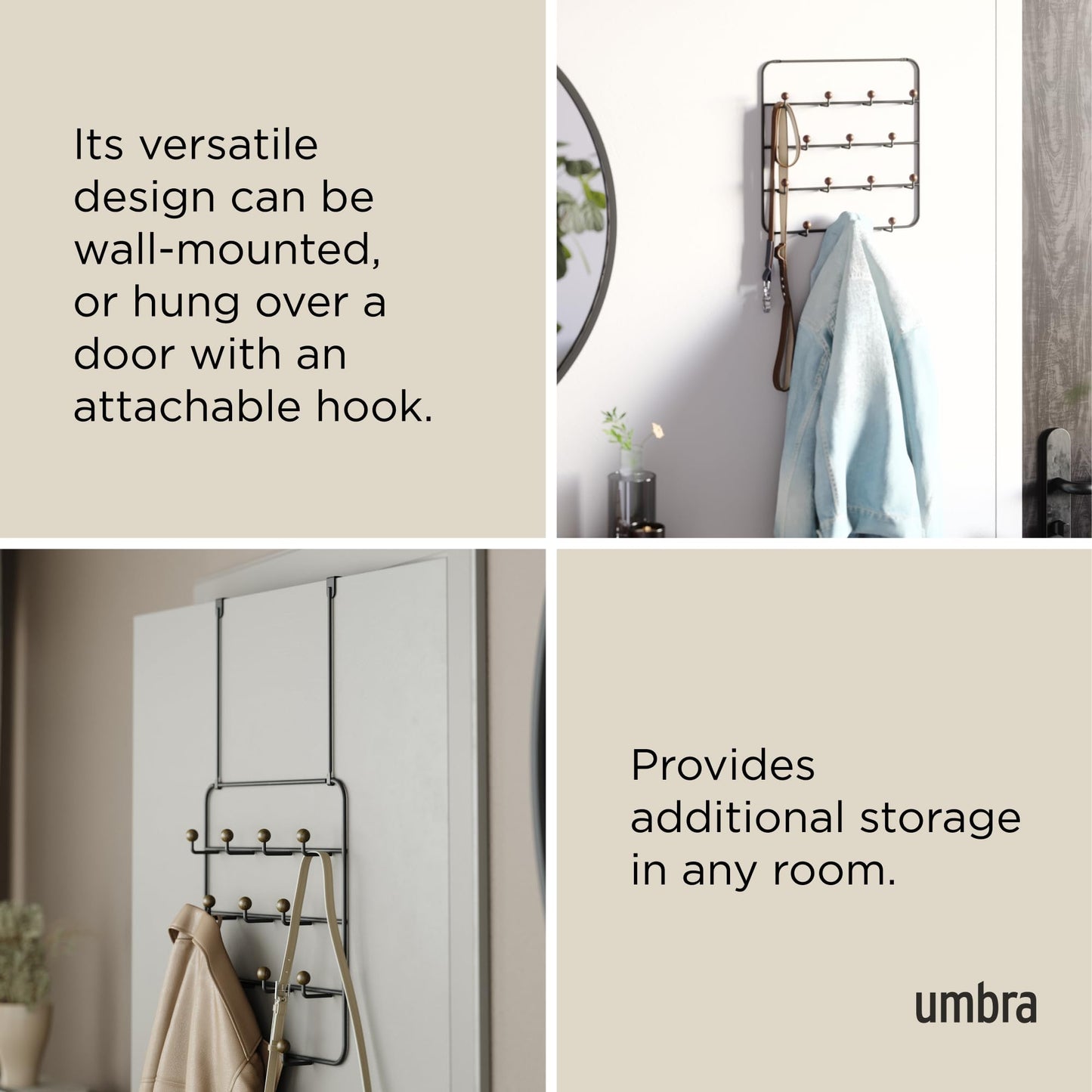 Umbra Estique Over The Door Coat Rack & Multi-Use Organizer, for Coats, Bags, Hats & More, Black/Walnut