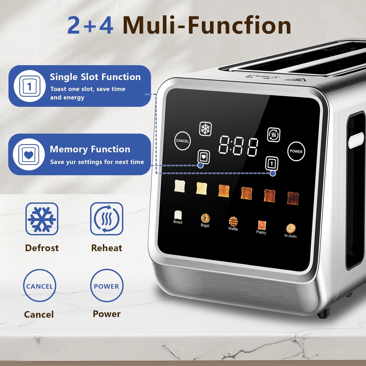 SAKAMOSH Touch Screen Toaster 4 Slice, Smart Digital Toasters with LED Display & Timer, Extra Long Wide Slots for Bagels, 6 Browning Levels & 5 Bread Types, Memory Function, 1400W, Stainless Steel