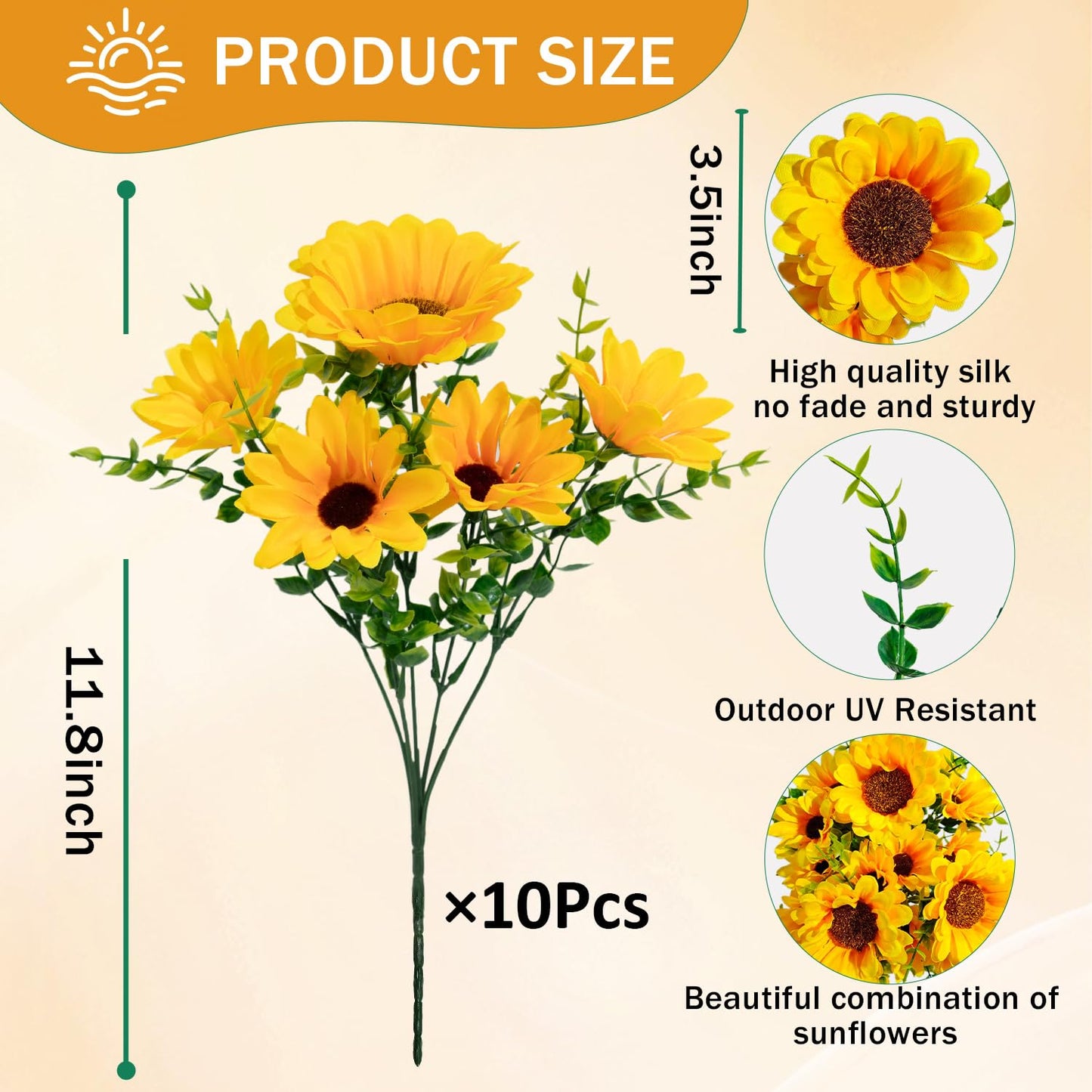 FOUSUKA Artificial Sunflowers for Outdoors, 10 Bundles Fake Silk Sunflowers with Eucalyptus Leaves UV Resistant for Home Outside Front Door Porch Planters Garden Balcony Yard Patio Wedding Party Decor