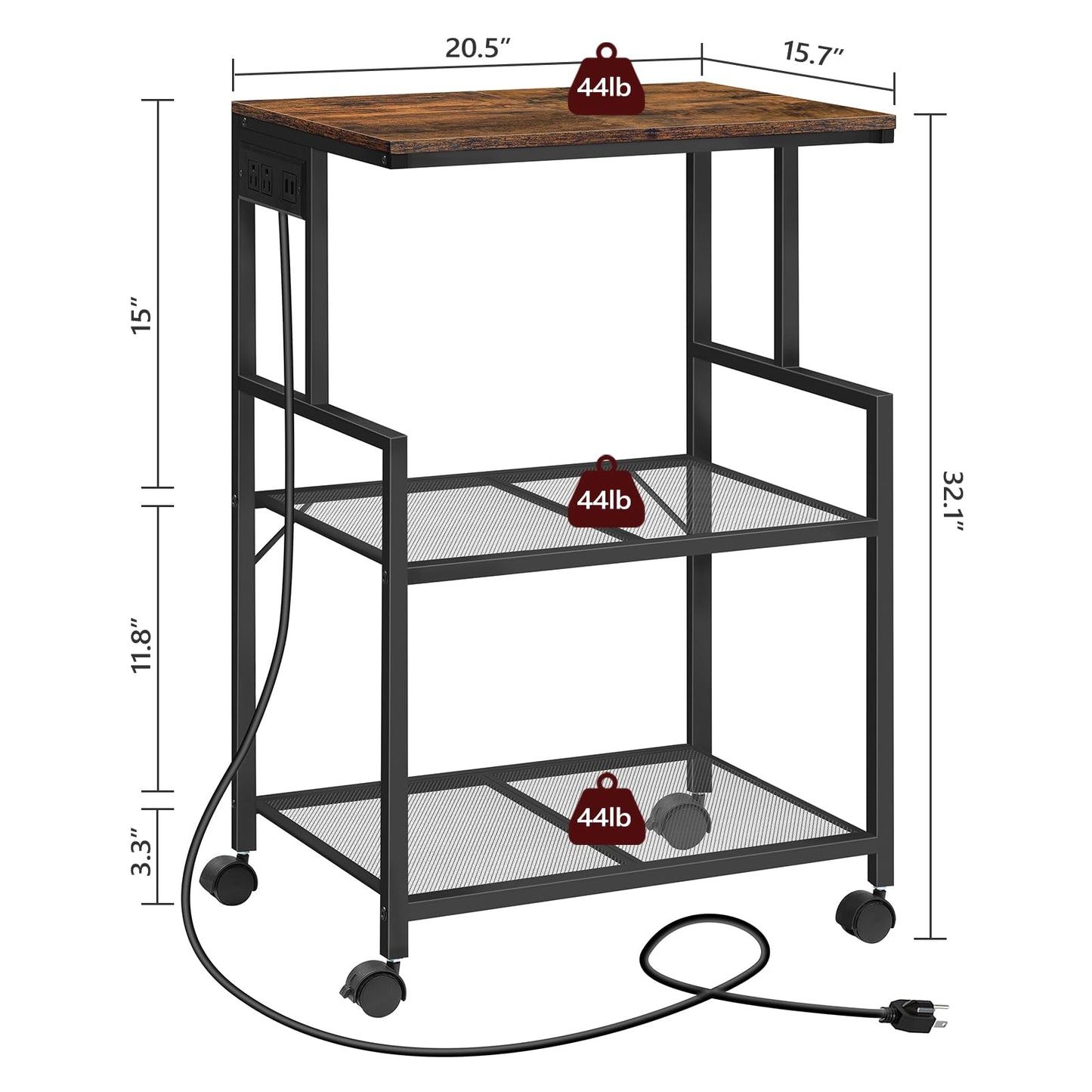 MAHANCRIS Mobile Printer Stand, 3-Tier Industrial Printer Cart with Power Outlets and 2 USB Ports, Rolling Printer Table on Wheels for Home Offices Kitchen Organization Rack, Rustic Brown PTHR78E01