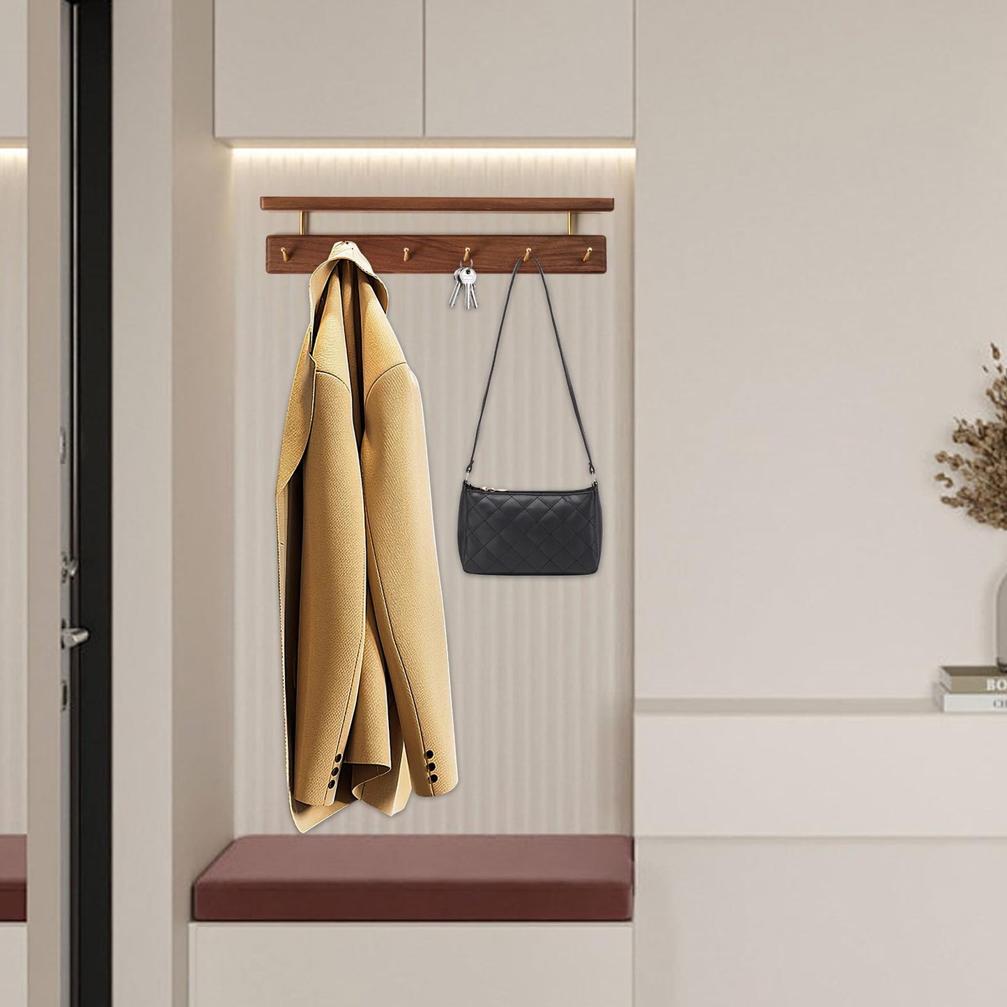 Mayhas Solid Wood Shelf with Hooks, 19 inch Coat Rack Wall Mount, Shelves with 6 Brass Hooks for Hanging in Entryway, Living Room, Bathroom, Bedroom, Kitchen(Walnut)