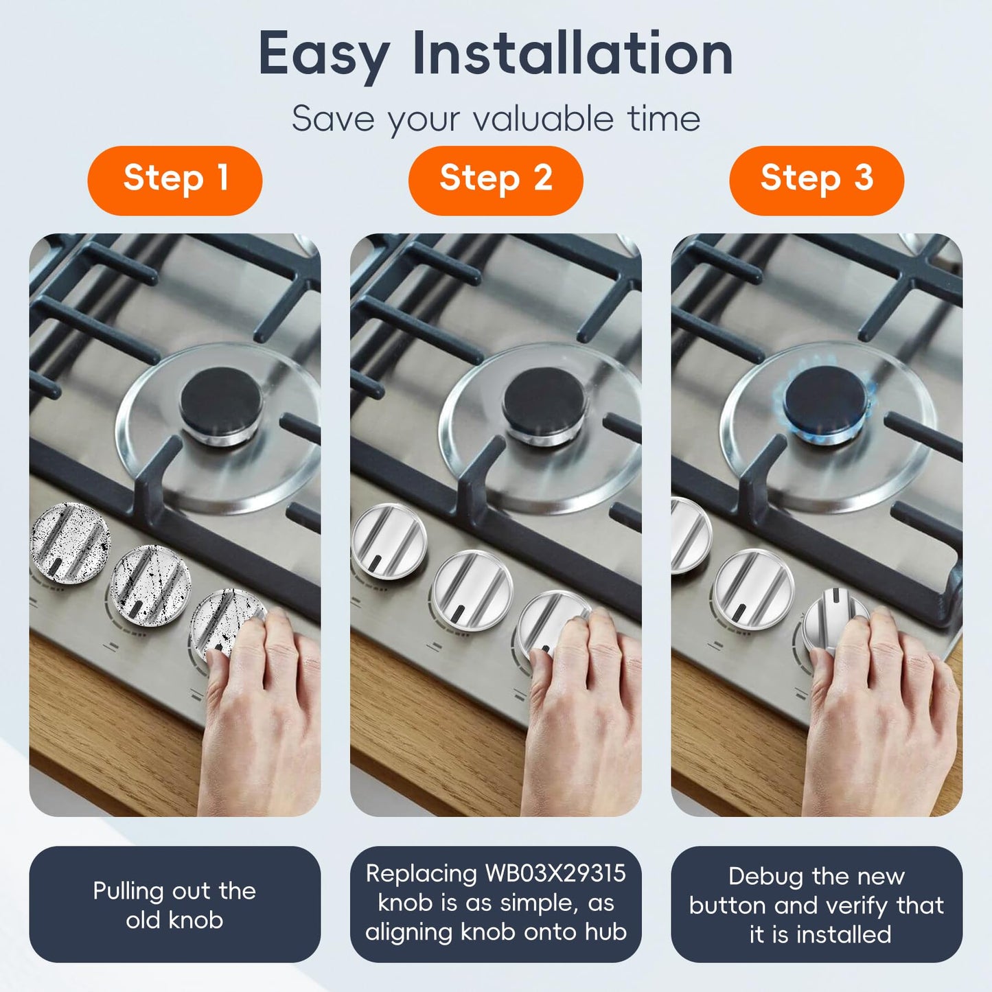 WB03X29315 Knob Fit for GE Stove Knobs Replacements (5 Pack), KIP 5U06 191D9233 Stove Knob for GE Gas Stove Knobs, Compatible with JGP5030SL1SS JGP5030SLSS JGP5036SL1SS JGP5036SLSS