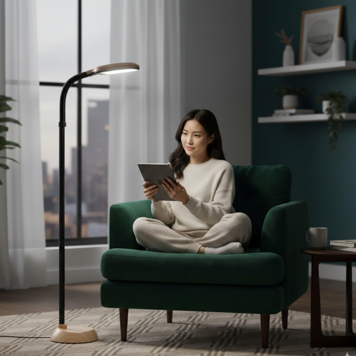 Bedford Home Floor Lamp - Full Spectrum Natural Sunlight Lamp with Bendable Neck - Reading, Craft, and Esthetician Light (Light Woodgrain)