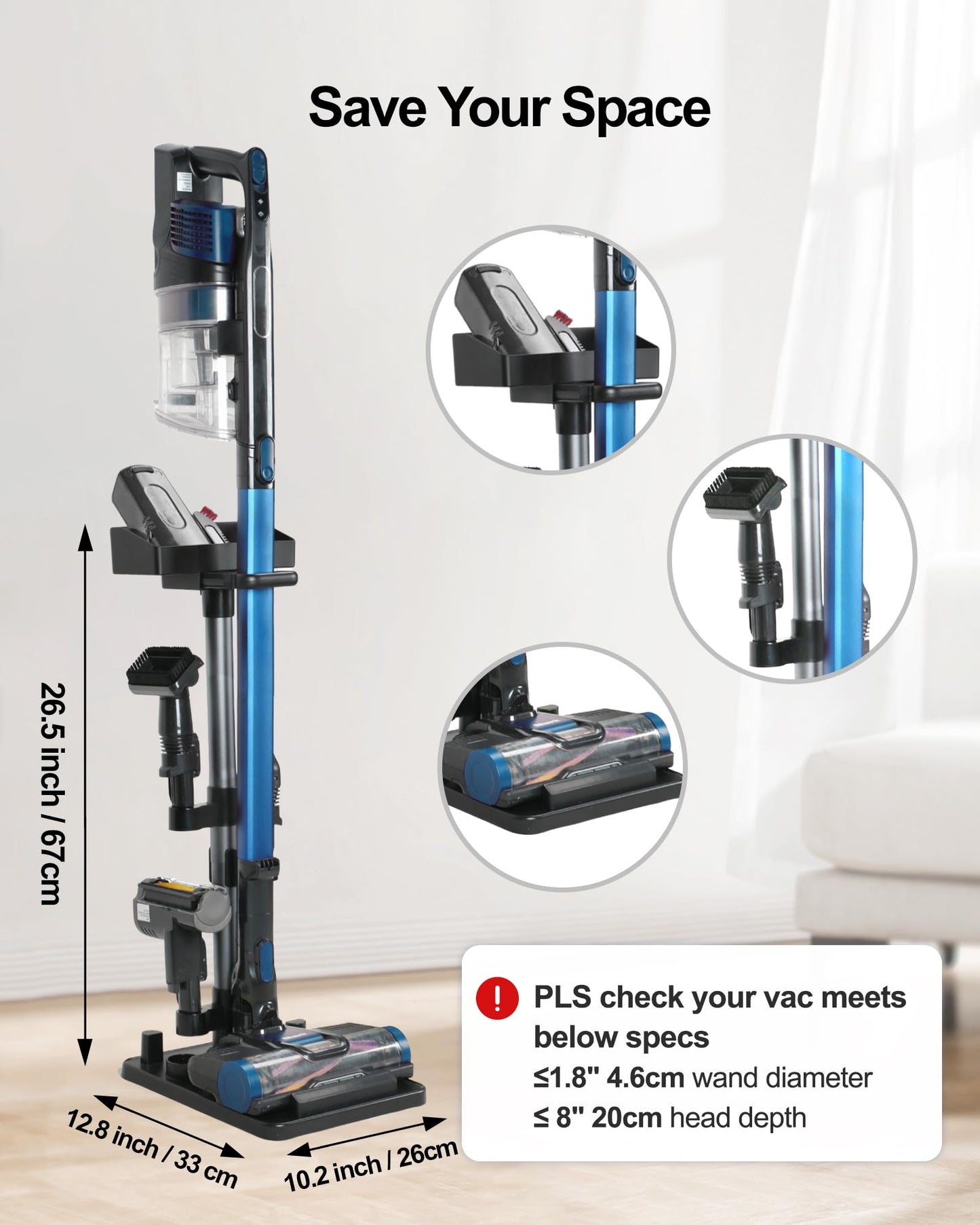 Portek Cordless Vacuum Stand, Height-Adjustable Stick Vacuum Standing Dock Station, 7 Accessory Holders Attachments Organizer and Storage Box (Max. 1.8" Vac Wand)