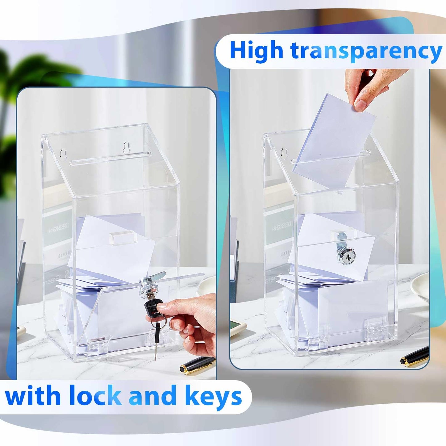 Juexica 2 Pcs Clear Acrylic Donation Box with Lock and Slot, Wall Mountable Suggestion Box, Ballot Case, Raffle Ticket Boxes for Office, School, Church, Voting & Fundraising