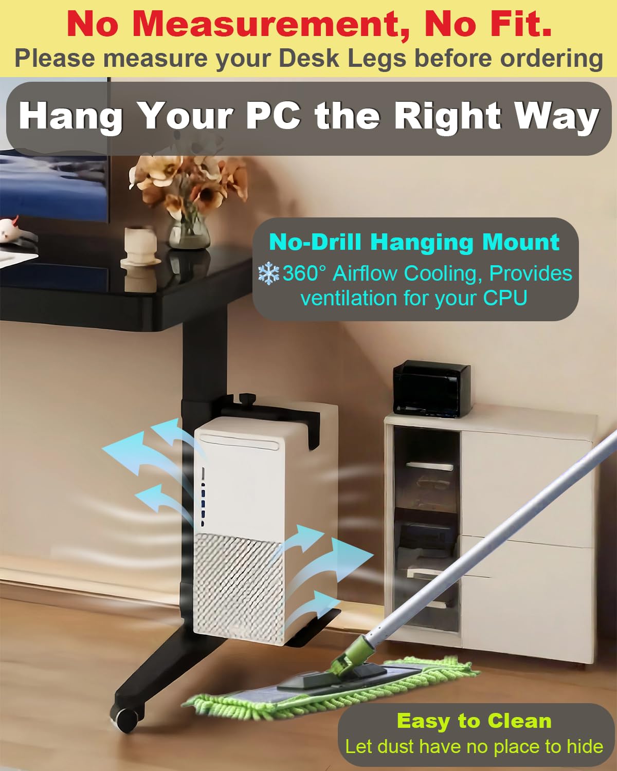 Under Desk PC Mount - No Drilling 40 lb Capacity, CPU Holder Under Desk, Adjustable Height and Width, Clamp-on Desk Leg PC Mount for Standing Desk (Fits 80mm×50mm Legs only), with Non-Slip Pads, Black
