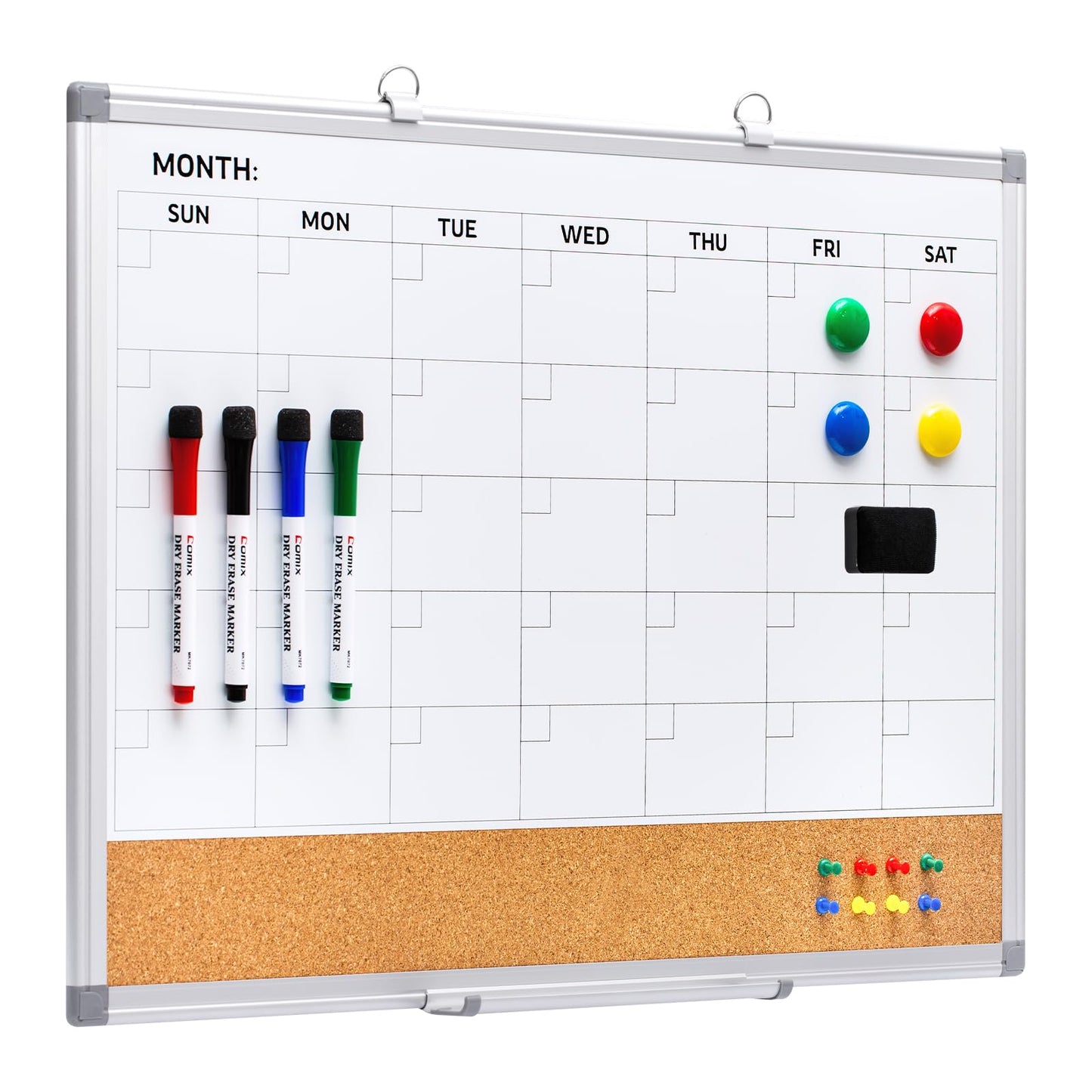 Comix Dry Erase Calendar Whiteboard Corkboard Combo, 24 * 18 inch Monthly Calendar and Bulletin Board Combination for wall, Aluminum Frame Planner with Dry Erase Markers, Magnets, Push Pins