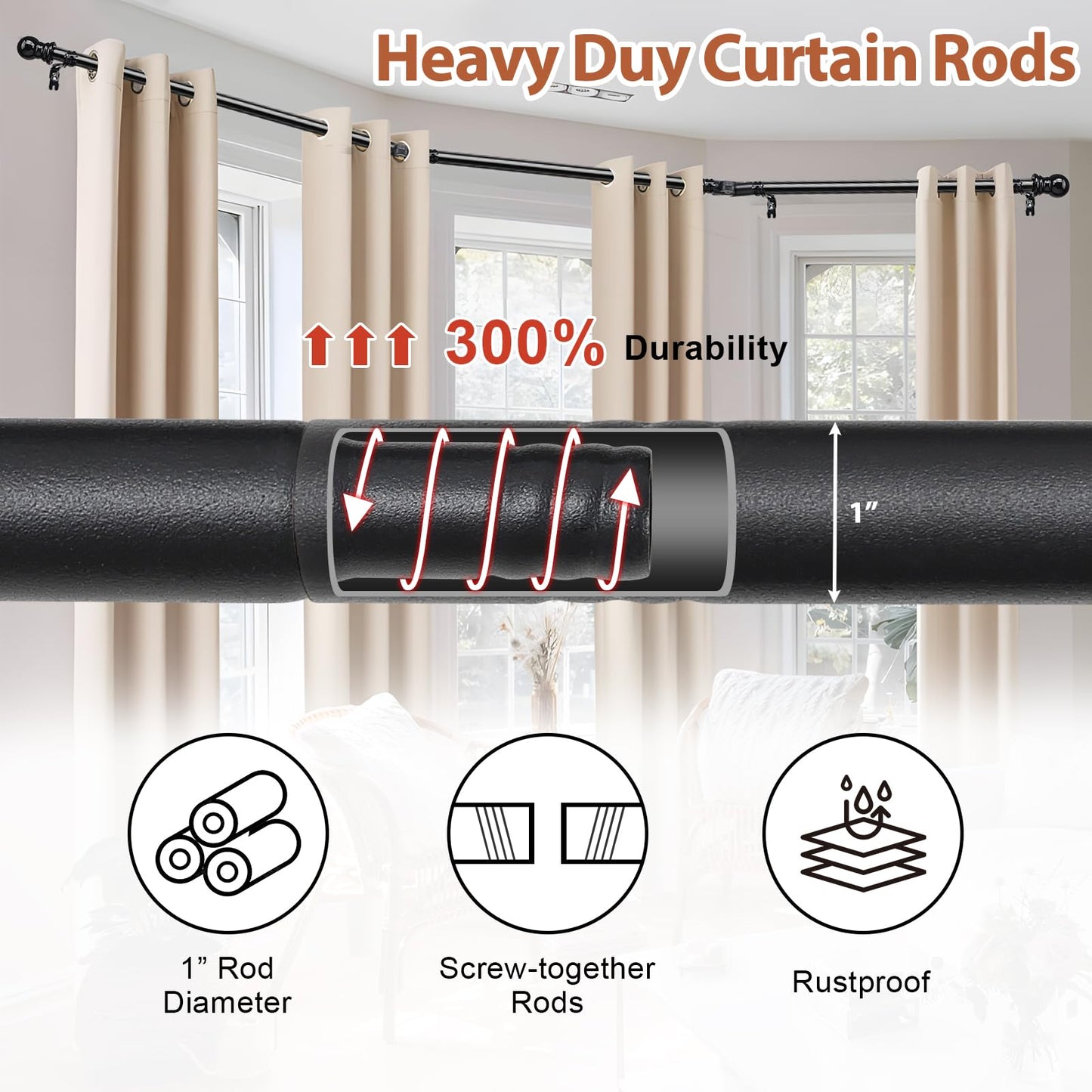 Bay Window Curtain Rods, 1 Inch Heavy Duty Metal U Shaped Corner Curtain Rod, 59-184” Adjustable Curved Curtain Rod for Bay Window Black