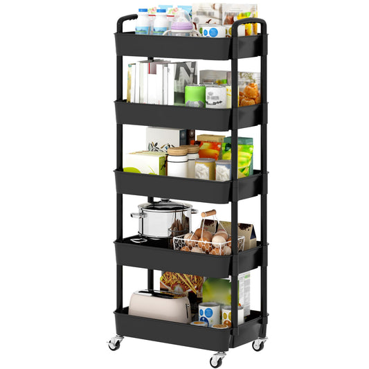 Sywhitta 5-Tier Plastic Rolling Utility Cart with Handle, Multi-Functional Storage Trolley for Office, Living Room, Kitchen, Movable Storage Organizer with Wheels, Black