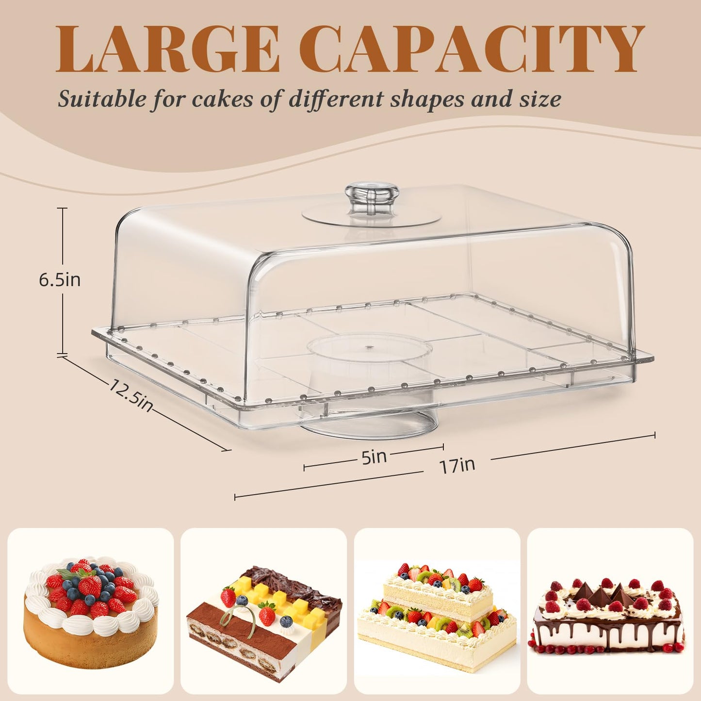 Cake Stand with Lid-Extra Large 17" Rectangular Cake Holder,8-in-1 Multi-Functional Dessert Table Display Set & Charcuterie Board,Acrylic Cake Plate Dome Cover for Weddings/Cheese/Veggie/Chips & Dip