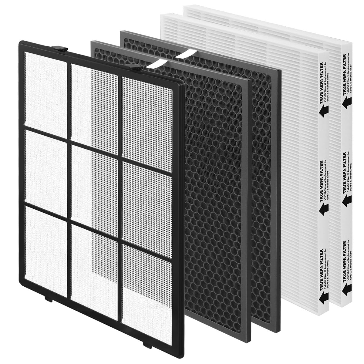 SAKEGDY 116130 Replacement Filter H fit for Winix 5500-2 Air Cleaner Purifier and Winix AM80, Package Contain 1 Washable Pre-Filter+2 Premium Filter+2 Activated Carbon Filter Combo Pack