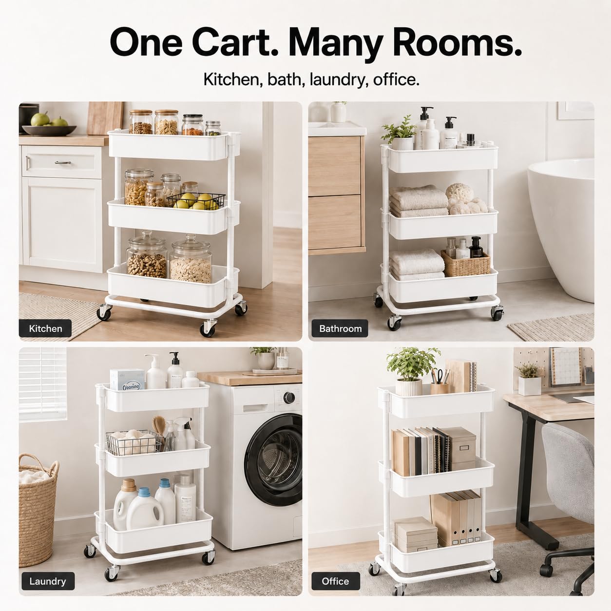 3 Tier Utility Rolling Cart, Heavy Duty Metal Rolling Cart with Wheels, Storage Organizer, Portable Mobile Shelving Unit for Office, Bathroom, Kitchen (White)