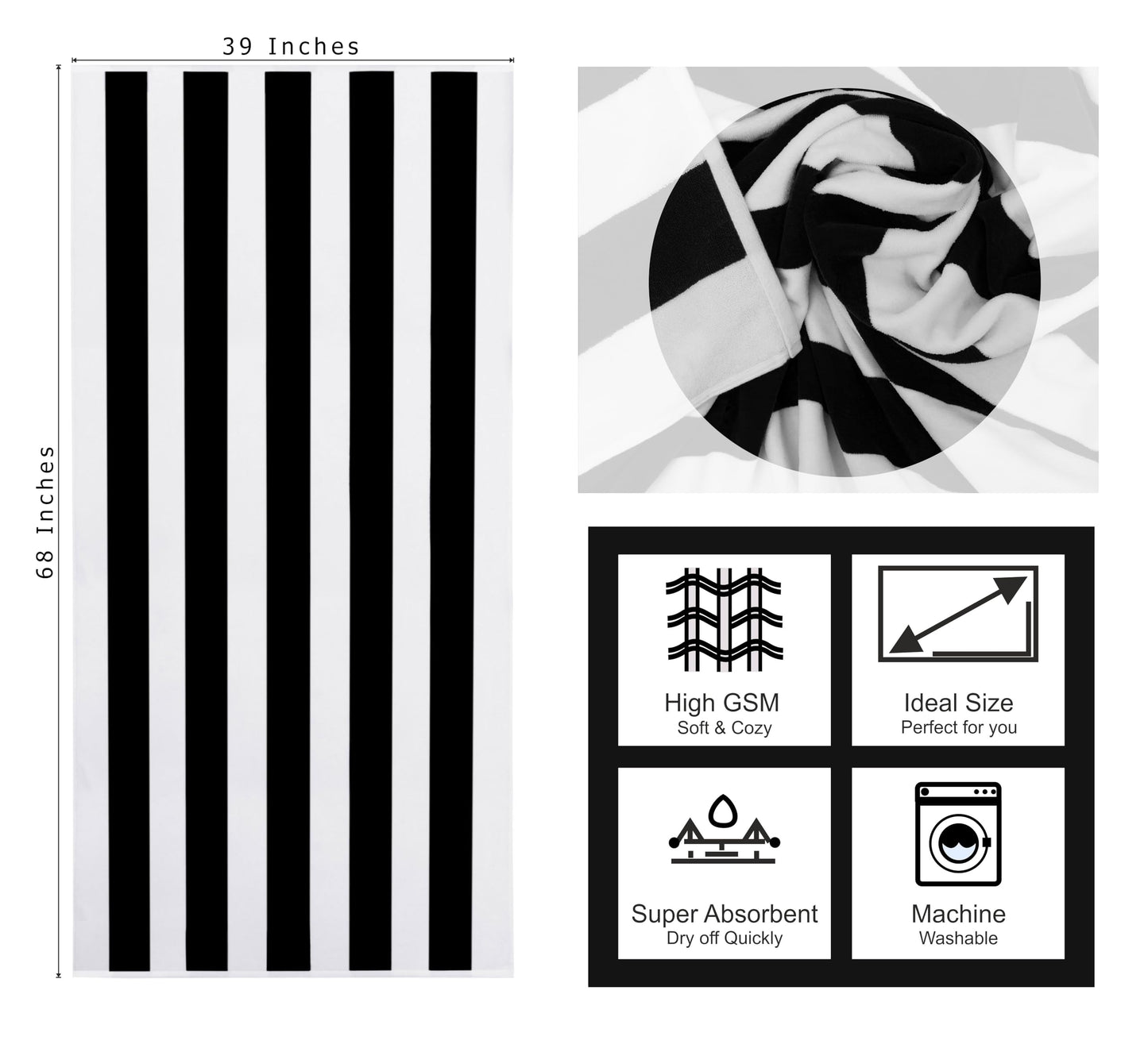 COTTON CRAFT Oversized XL Beach Towel - 2 Pack 39 x 68 inches Big & Huge Beach Blanket Towel - 100% Cotton Velour Thick Plush 450 GSM Super Soft Luxury - Pool Picnic Bath Towel - Cabana Stripe Black