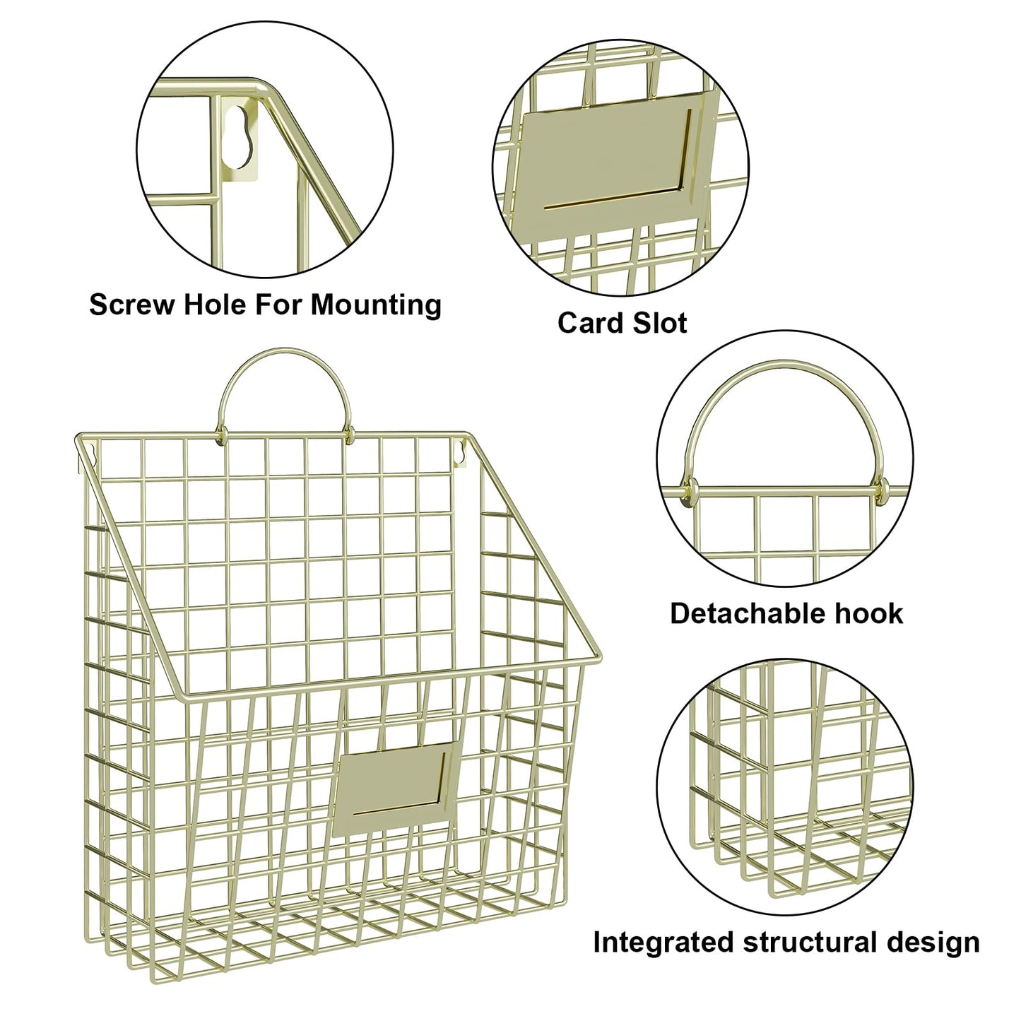 Yuzehuaza Wall File Organizer Mesh Hanging Wall Files Holder,Magazine Rack and Mail Basket with Hooks, Office Wall Organizer for Papers Folders Files Clipboard 4 Packs, Gold(Patent Pending)
