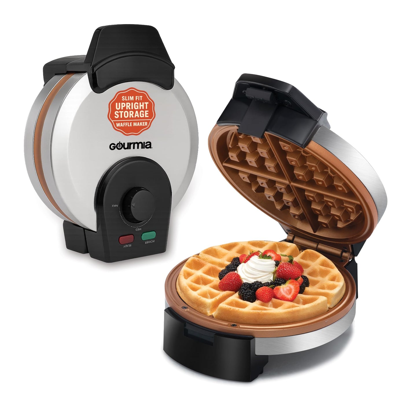 Gourmia Belgian Waffle Maker – Adjustable Browning Control, Nonstick Plates, Ready & Power Indicator Lights, Compact Upright Storage, Cool-Touch Handle