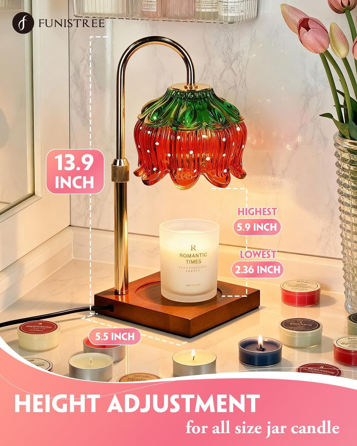 Strawberry Candle Warmer Lamp with Timer Dimmer, Adjustable Height Mothers Day Birthday Gifts for Women Mom House Warming Gifts New Home Bedroom Decor, Cute Candle Warmer Light for Jar Candles