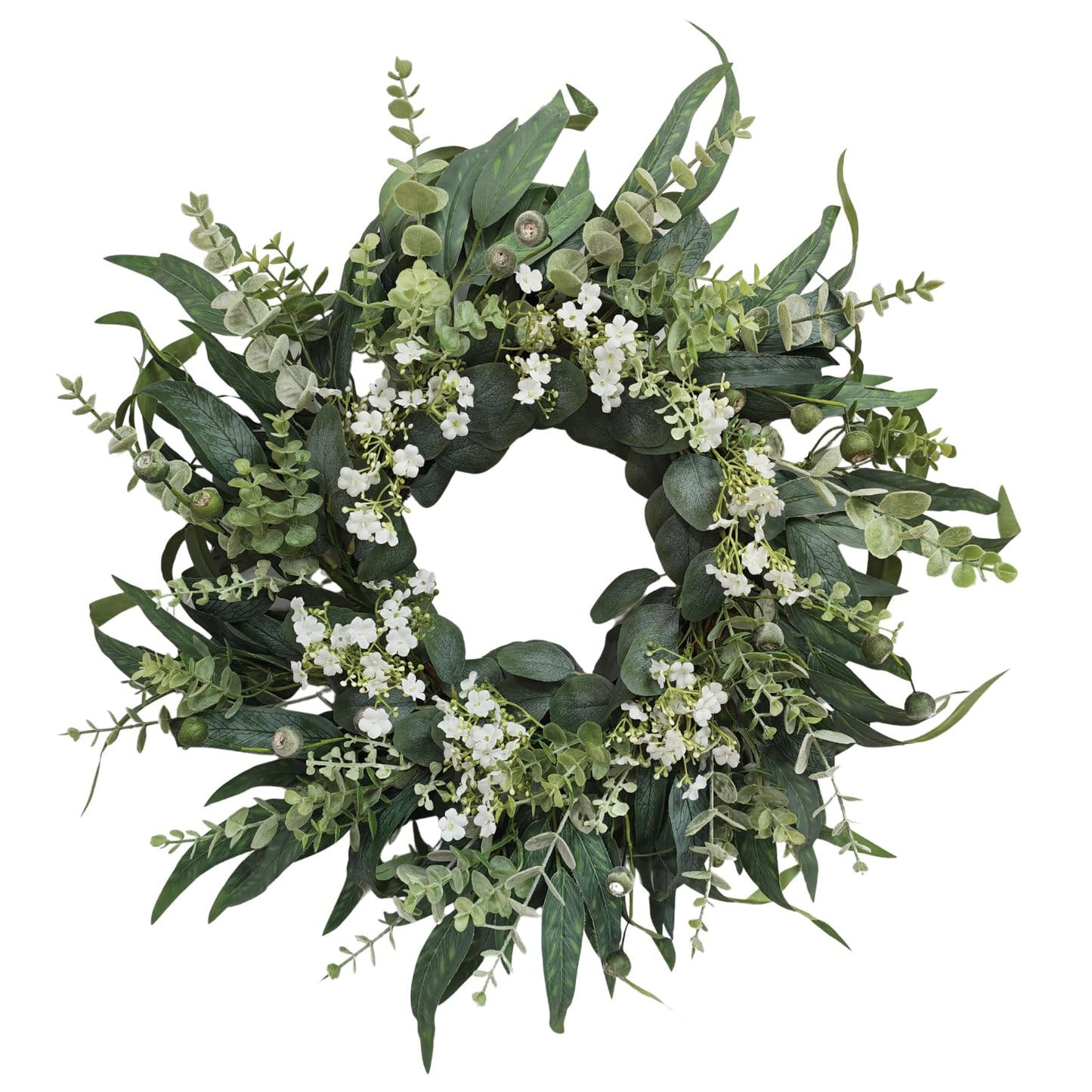 26" Eucalyptus Wreath for Front Door, Full Greenery Wreath with Baby’s Breath, Farmhouse Door Wreath, Year Round Spring Summer Wreath, Indoor Outdoor Home Decor