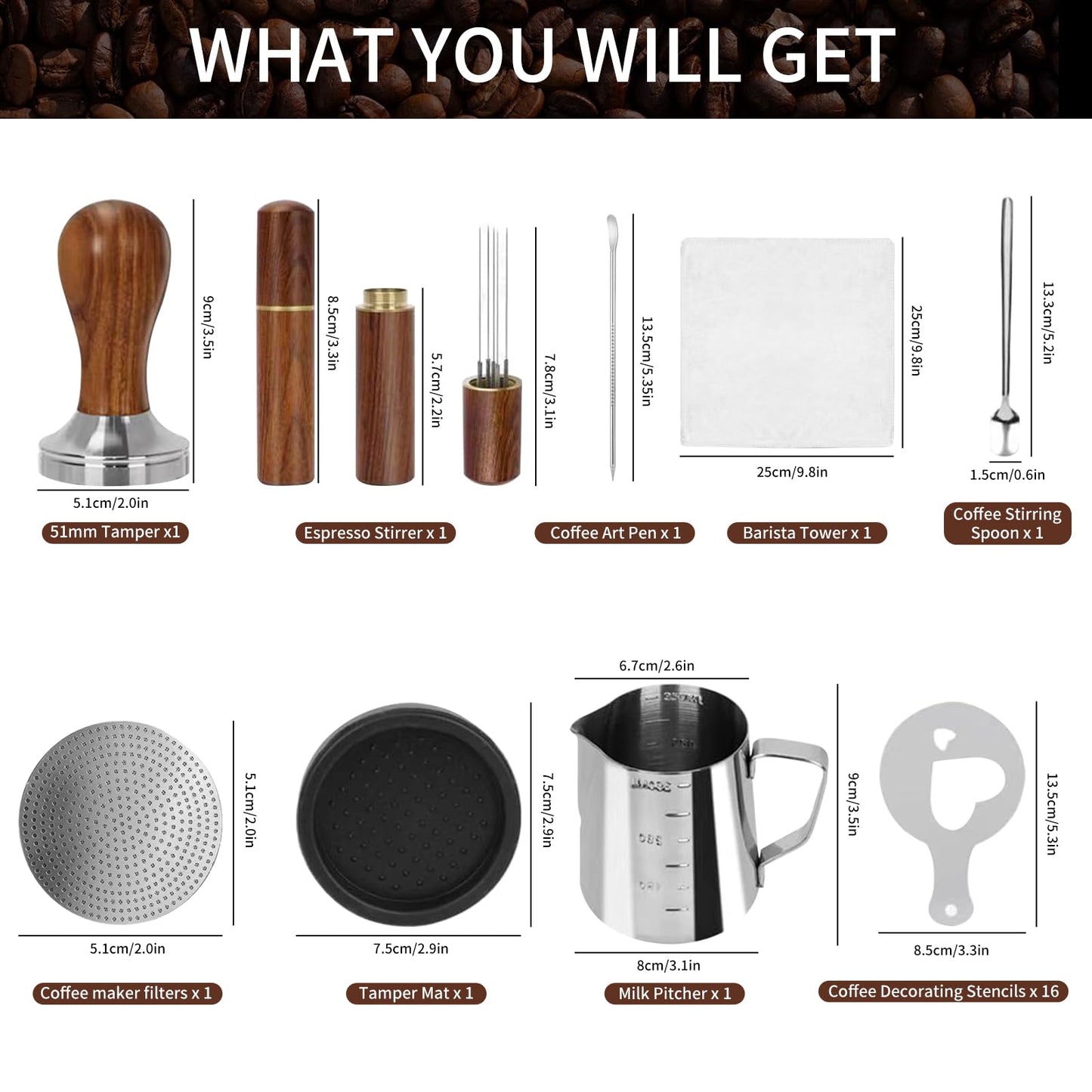 Gmnuiy51mm Coffee Tamper Set 24PCS, Espresso Accessories Kit Barista Kit,316stainlesss Tamper & WDT Tool,316stainlesss Frothing Pitcher, Stirrer, Tamper Mat, Latte Art Pen Coffee puck screen